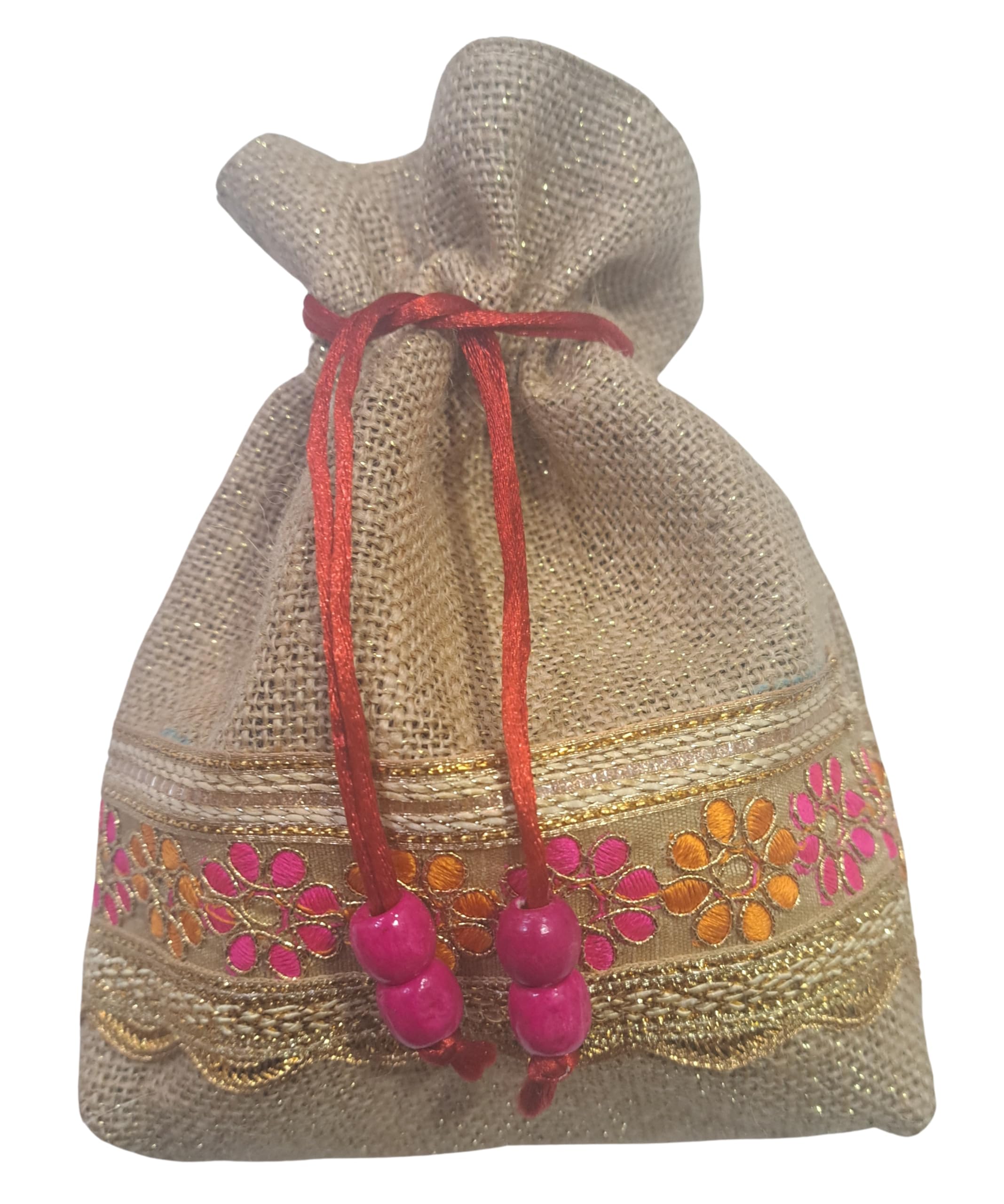 Fabjute Natural Jute Potli Bags with Lining for Return Gifts (5 Pieces of 9x7 Inches Each) (Pink Orange Zari Border) (B0CYVV4VFD) Amazon Price History, Amazon Price Tracker