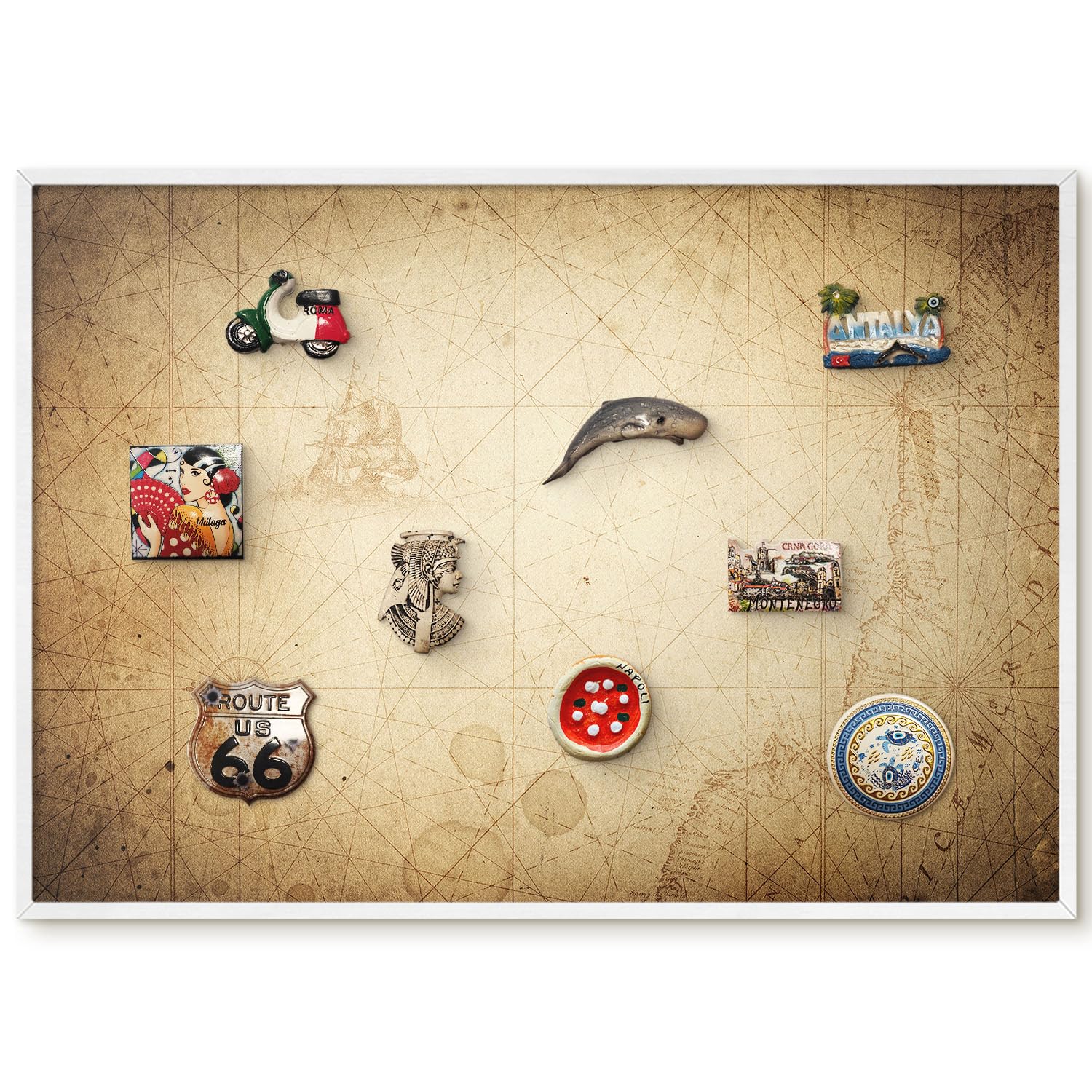 Tablón de anuncios de 100x70 cm con mapa antiguo y marco blanco 8