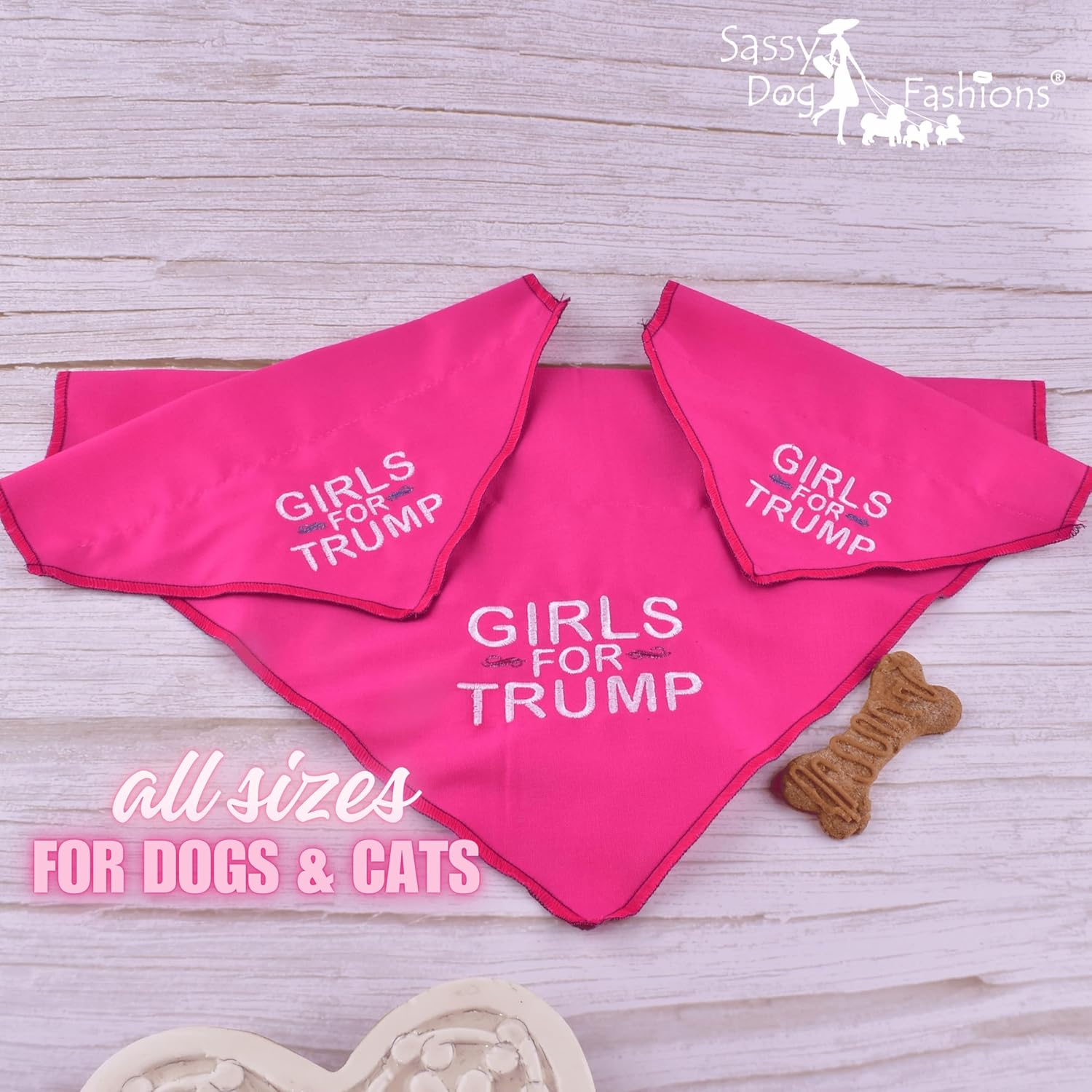 Custom Embroidered Girls for Trump Dog or Cat Bandana Over-The-Collar-Style MAGA Pet Scarf for Trump Supporters, XXS to XXL, Made in USA (Large 16" L x 10" H)