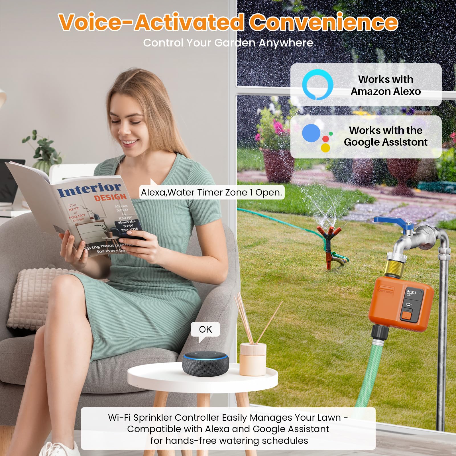 Timer dell'acqua WiFi per tubo da giardino con portata di 299,9 m, timer intelligente a 1 zona, APP e telecomando, controllo vocale, ritardo della pioggia, sistema di irrigazione in modalità manuale