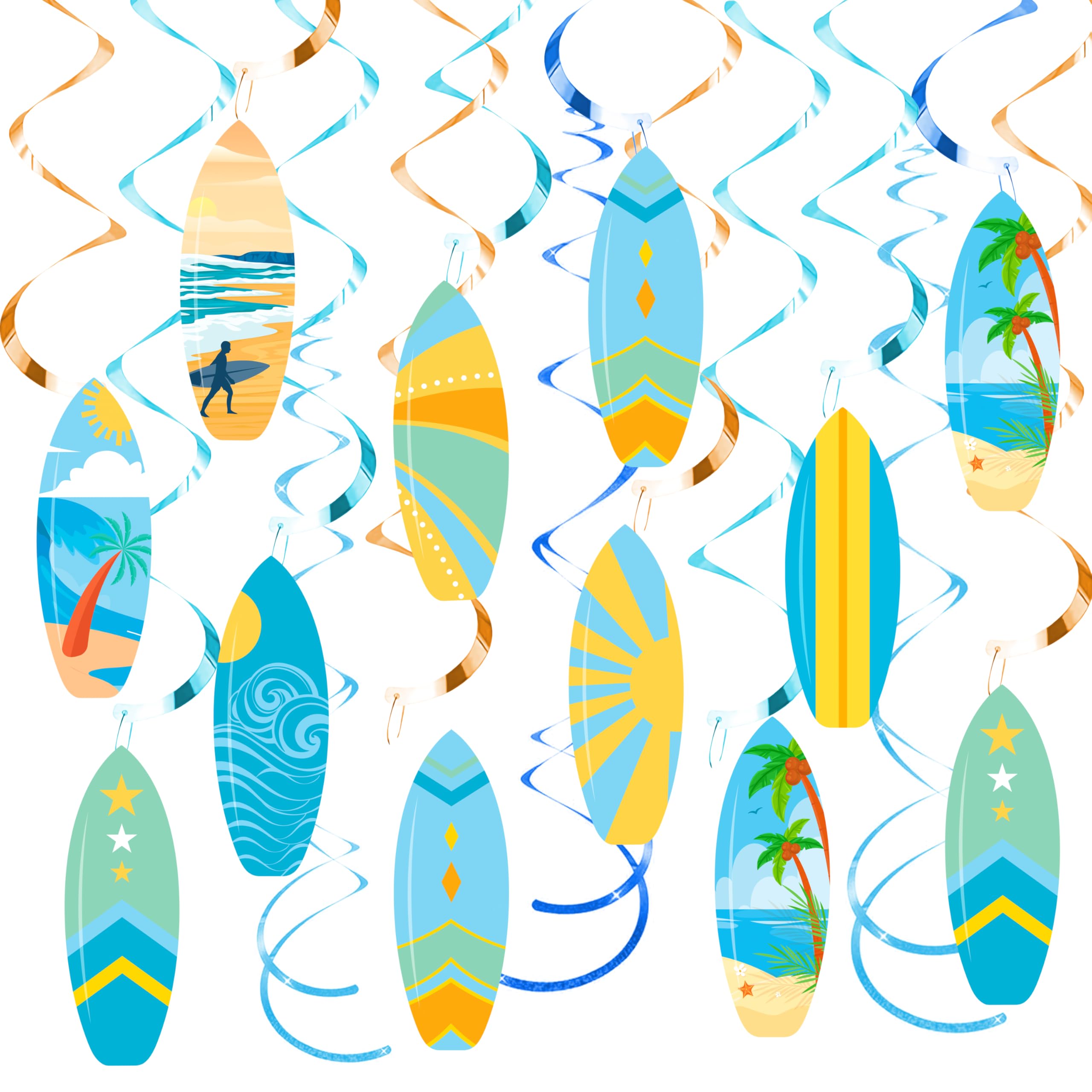 20pcs Surfing Surfboard Party Hanging Swirls Summer Surfing Birthday Party Decoration Surfboard Themed Swirl Ceiling Hanging Streamers for Summer