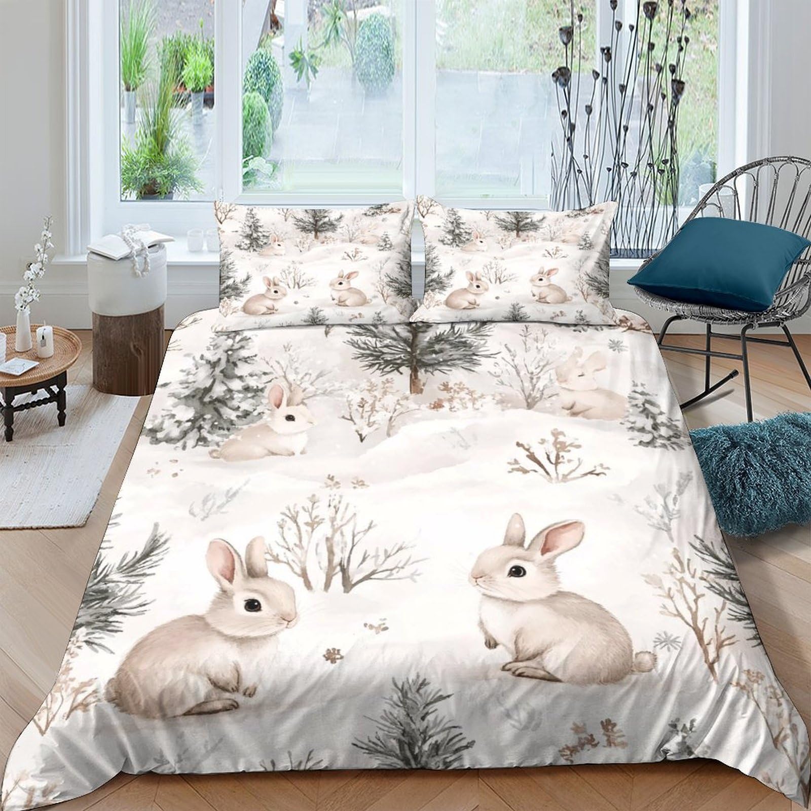 GPLZQXKJNH 3D Printed Rabbit Forest Duvet Cover Set Microfiber Soft Breathable Bunny Woodland Quilt Cover with 2 Pillowcases for Bedroom Decor Single（135x200cm）