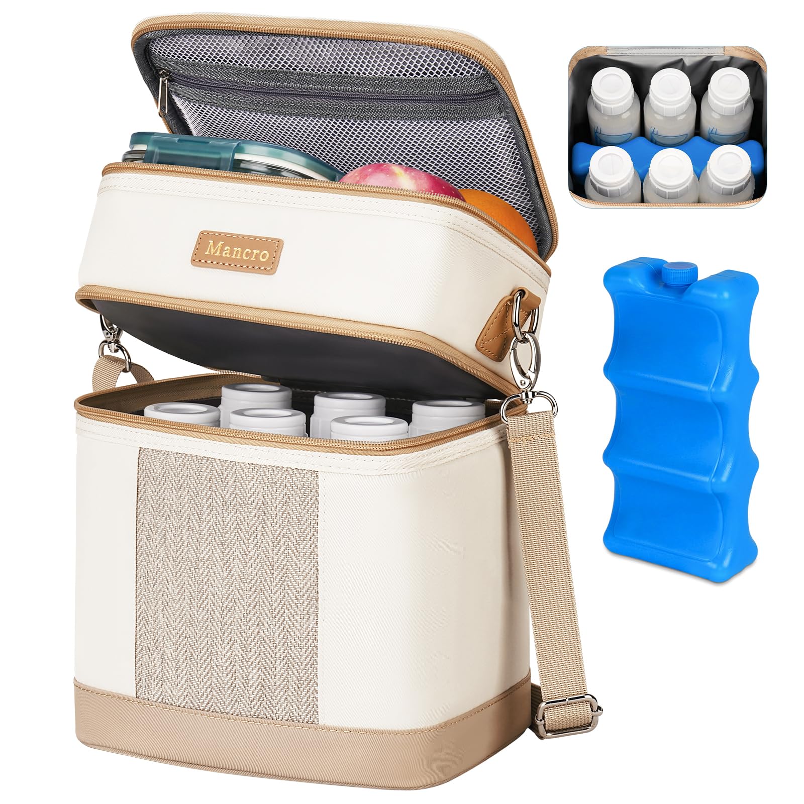 Mancro Breastmilk Cooler Bag with Ice Pack, Double Layer Insulated Baby Bottles Bag Fits 6 Bottles Up to 9 Ounces, Portable Breast Pump Cooler Travel Bag for Daycare and Nursing Moms, Beige