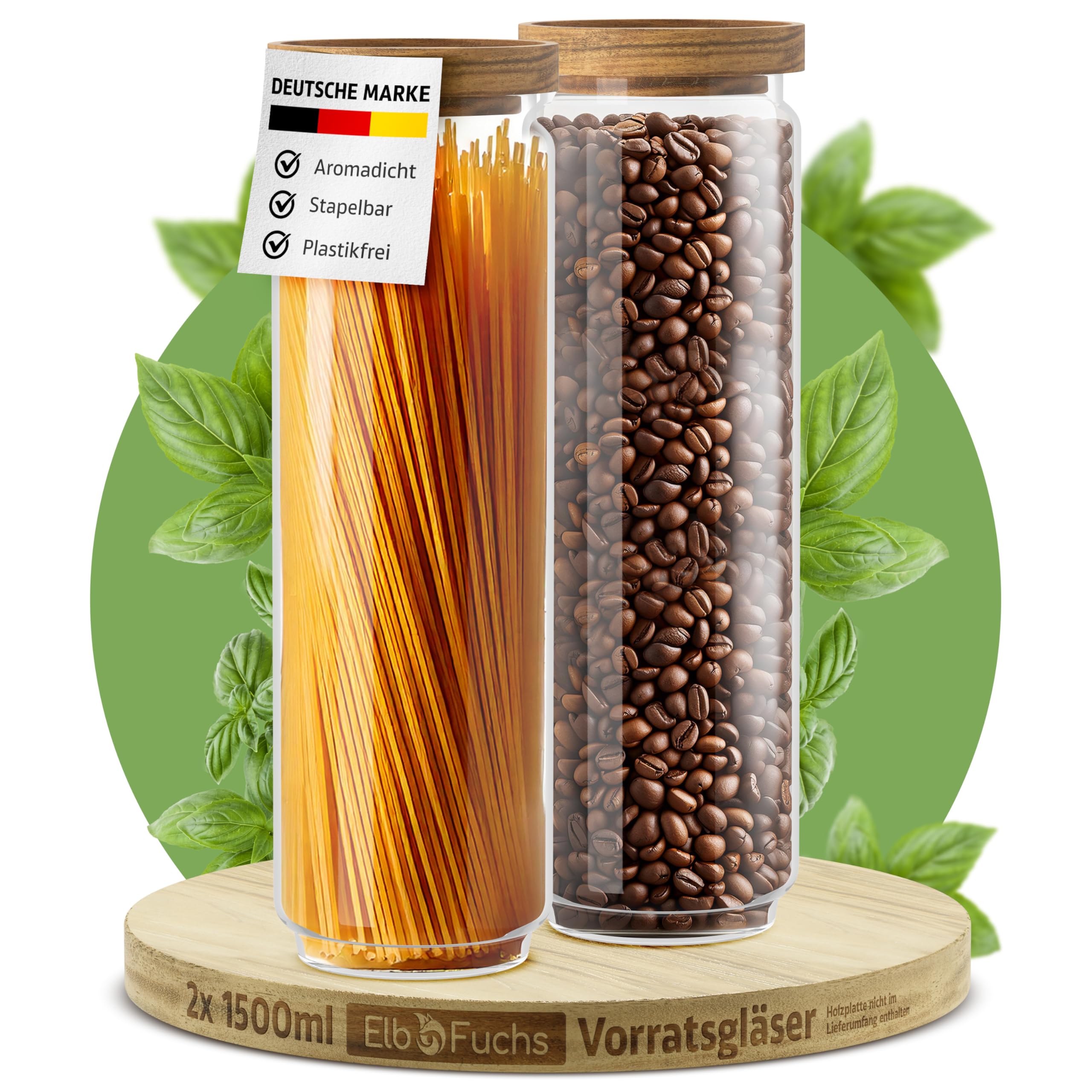 ElbFuchs Vorratsgläser mit Deckel luftdicht I 2x 1500ml I BPA-FREI & MOTTENSICHER I Vorratsdosen aus Borosilikatglas mit Holzdeckel I Aufbewahrungsgläser für Spaghetti I 1500ml I