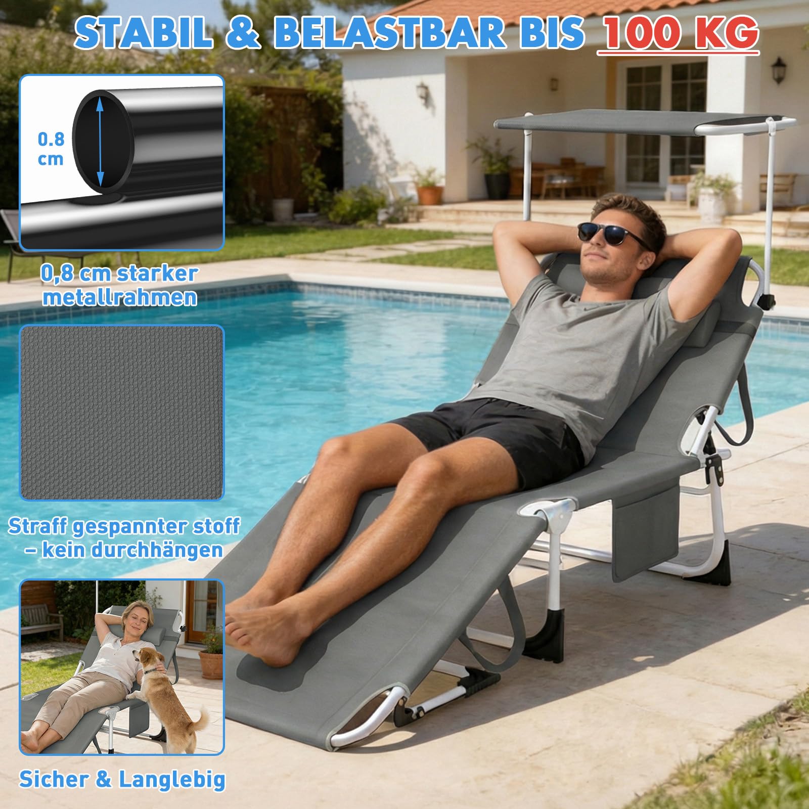 Huracan Sonnenliege klappbar Groß 2X, Gartenliege mit Dach, Liegestuhl mit 4-Fach Verstellbarer Rückenlehne, Kopfkissen, wetterfeste Strandliege bis 100kg belastbar, für Garten Strand Pool, Anthrazit