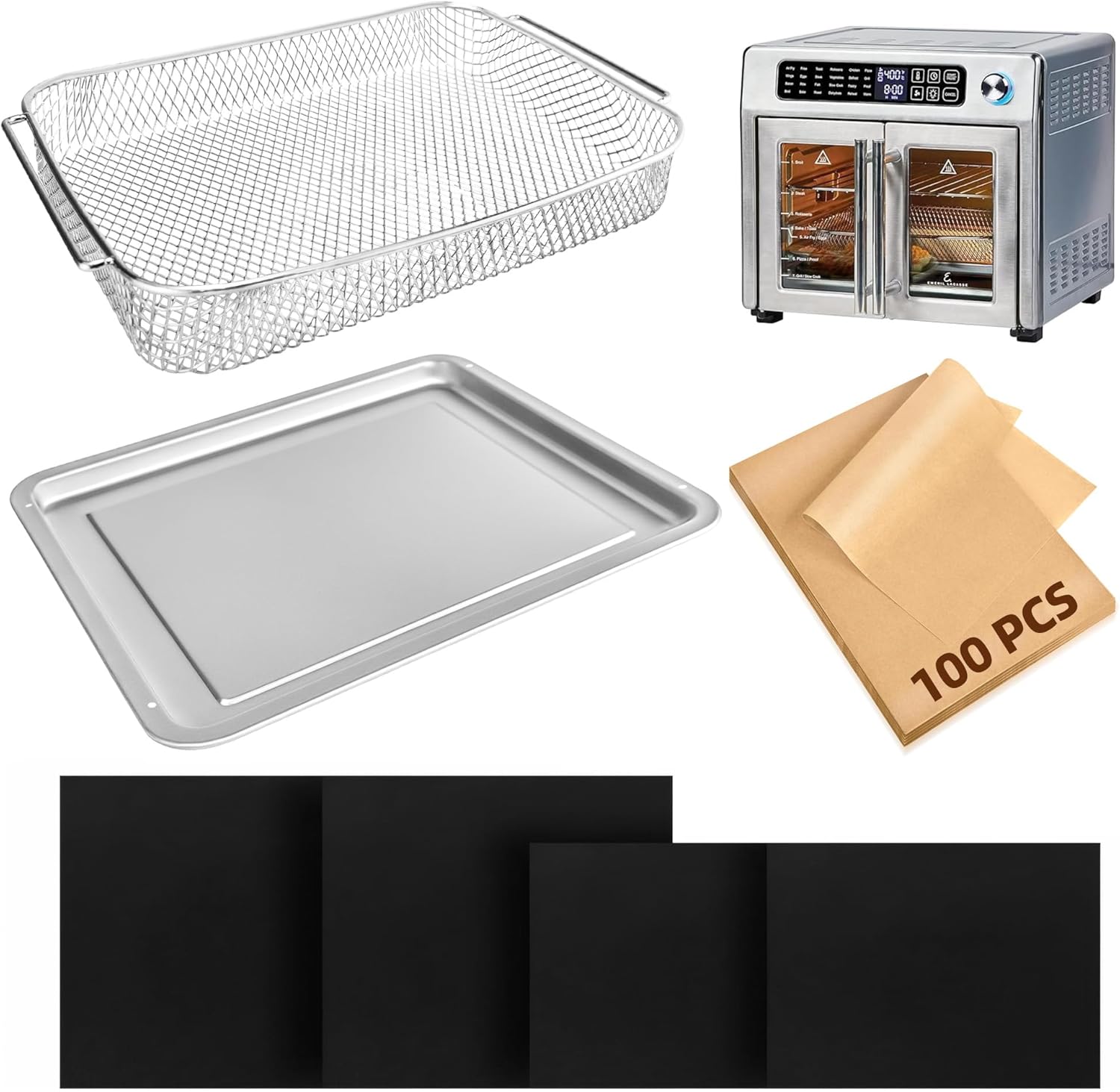Air Fryer Accessories Baking Pans Set Compatible with Emeril Lagasse 26 Qt Extra Large Air Fryer Oven Bakeware Sets with Air Fryer Pan Basket, Parchment Paper Disposable Teflon Mat Airfryer Liners
