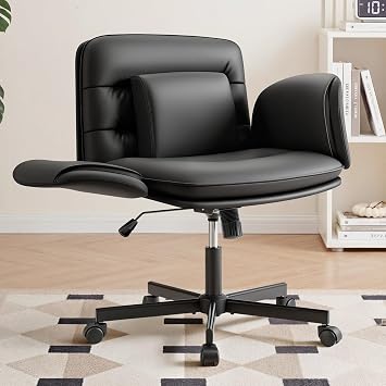 JUMMICO Ergonomic Criss Cross Legged Office Chair with 5-Way Adjustable Armrests, Leather Vanity Desk Chair with Lumbar Support for Home Office, Pet-Friendly Lounging Black