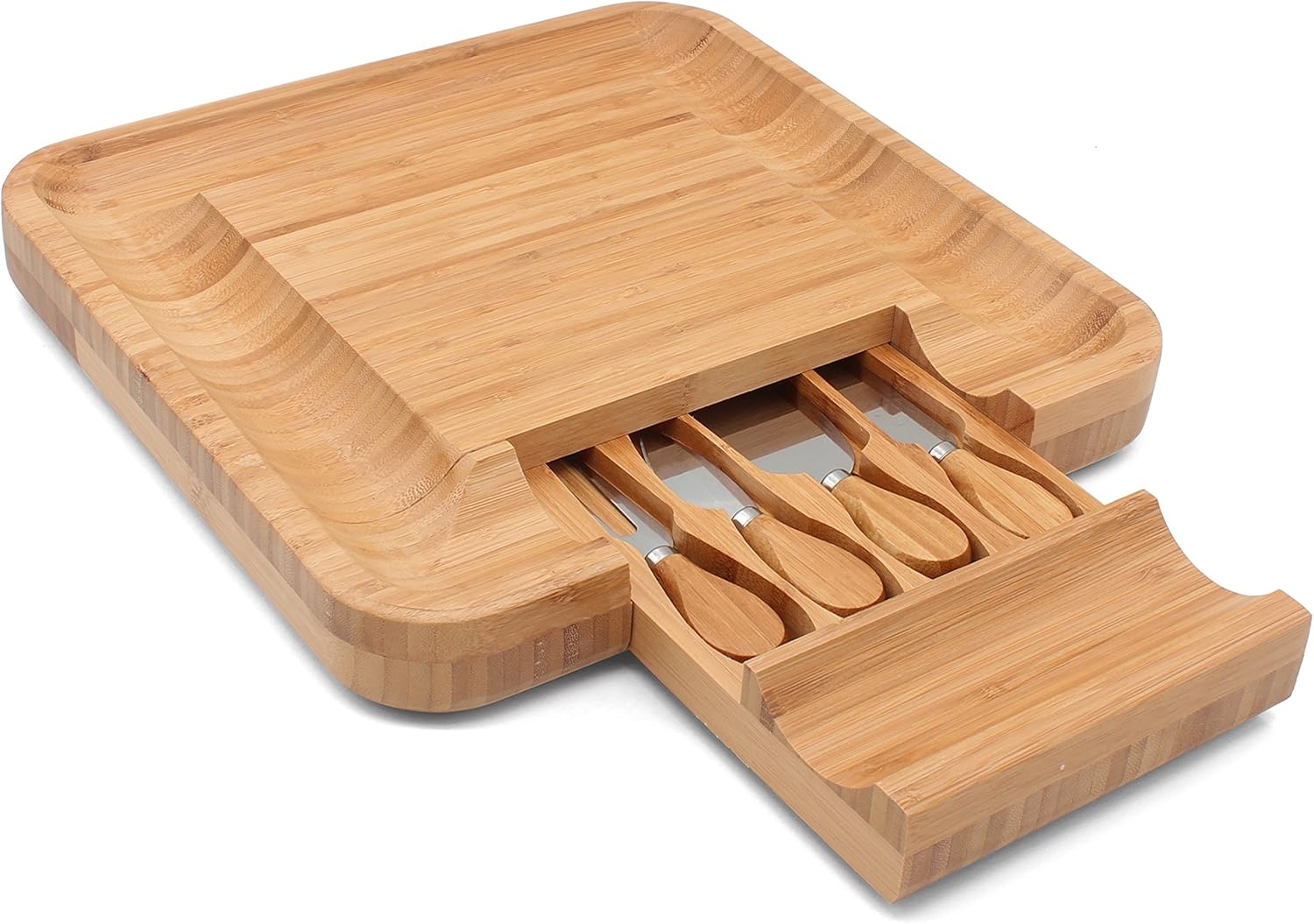 Esup Bamboo Cheese Board Set Cheese Plate 13'' x 13'' With Integrated Slide-Out Drawer and 4 Specialist Cheese Knives Set Esup Bamboo Cheese Board Set Cheese Plate 13'' x 13'' With Integrated Slide-Out Drawer and 4 Specialist Cheese Knives Set