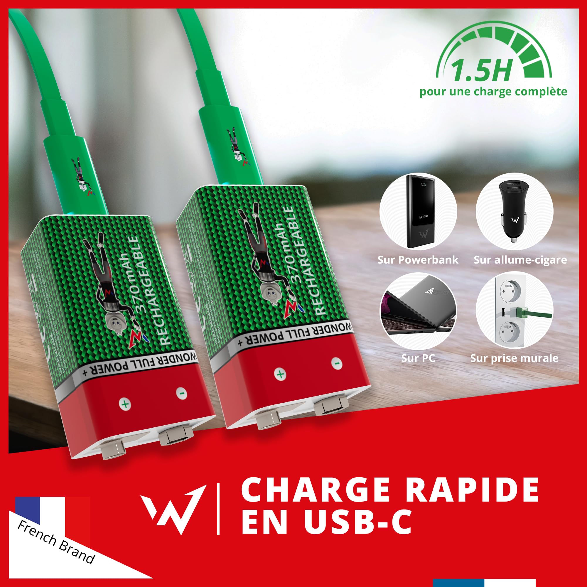 Wonder Full Energy – Piles Rechargeables 9V / 6LR61 – Pack de 2 – 370mAh, 3600mWh – Câble USB-C Inclus – Lithium-ION – Jusqu’à 1000 Cycles – Idéales pour Détecteurs de Fumée, Multimètres, Jouets