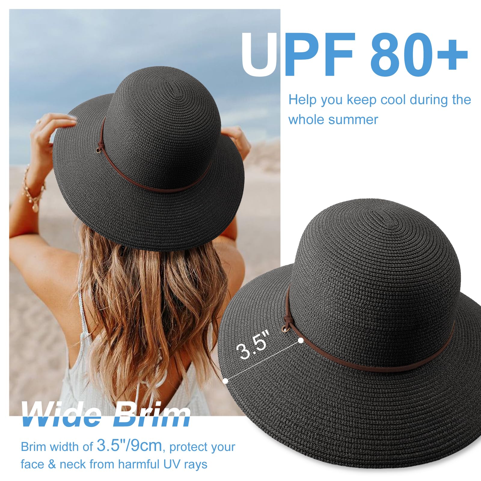 DRESHOW Femme Homme Chapeau de Paille Panama Unisexe Chapeau Été Large Bord Chapeau de Soleil Anti-UV Chapeau de Soleil