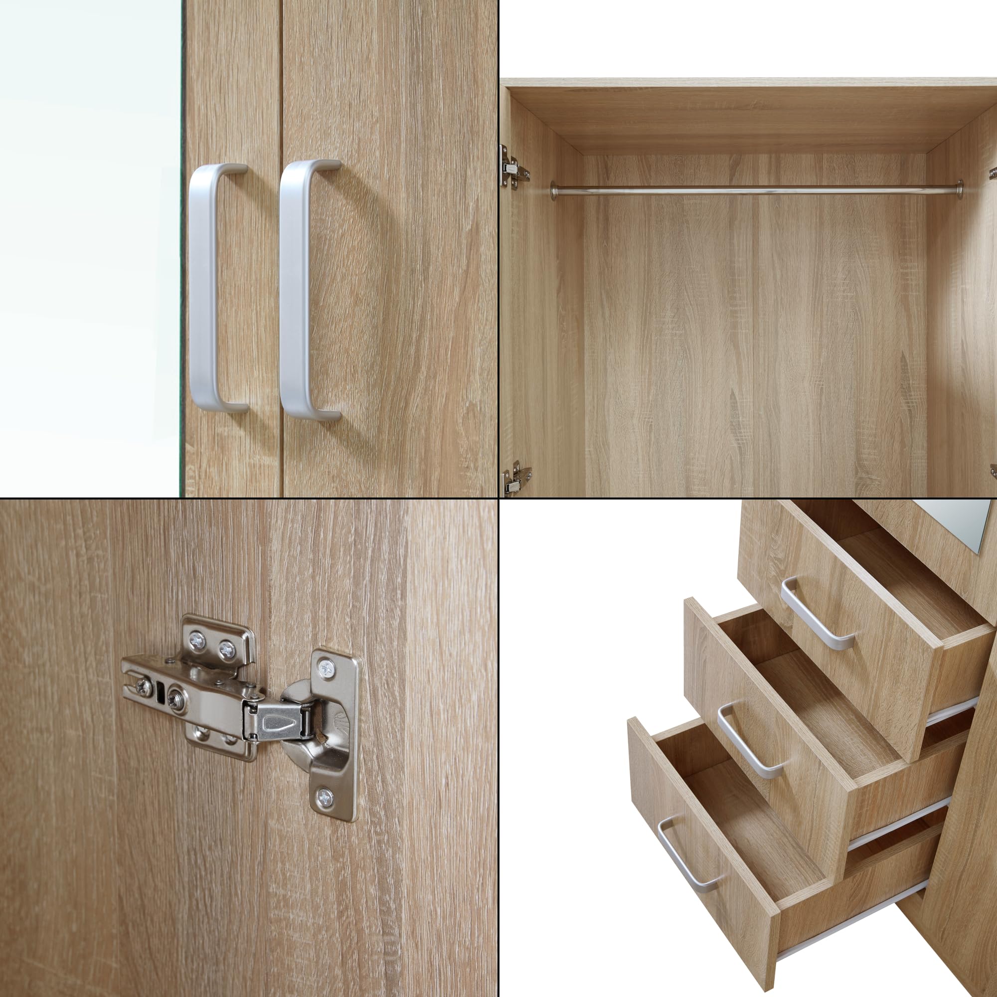 [en.casa] Armadio Guardaroba per Camera da Letto Armadio Chiuso con Ante Scomparto con Asta Appendiabiti Cassettiera e Specchio 176 x 80 x 52 cm MDF, Effetto Rovere Sonoma