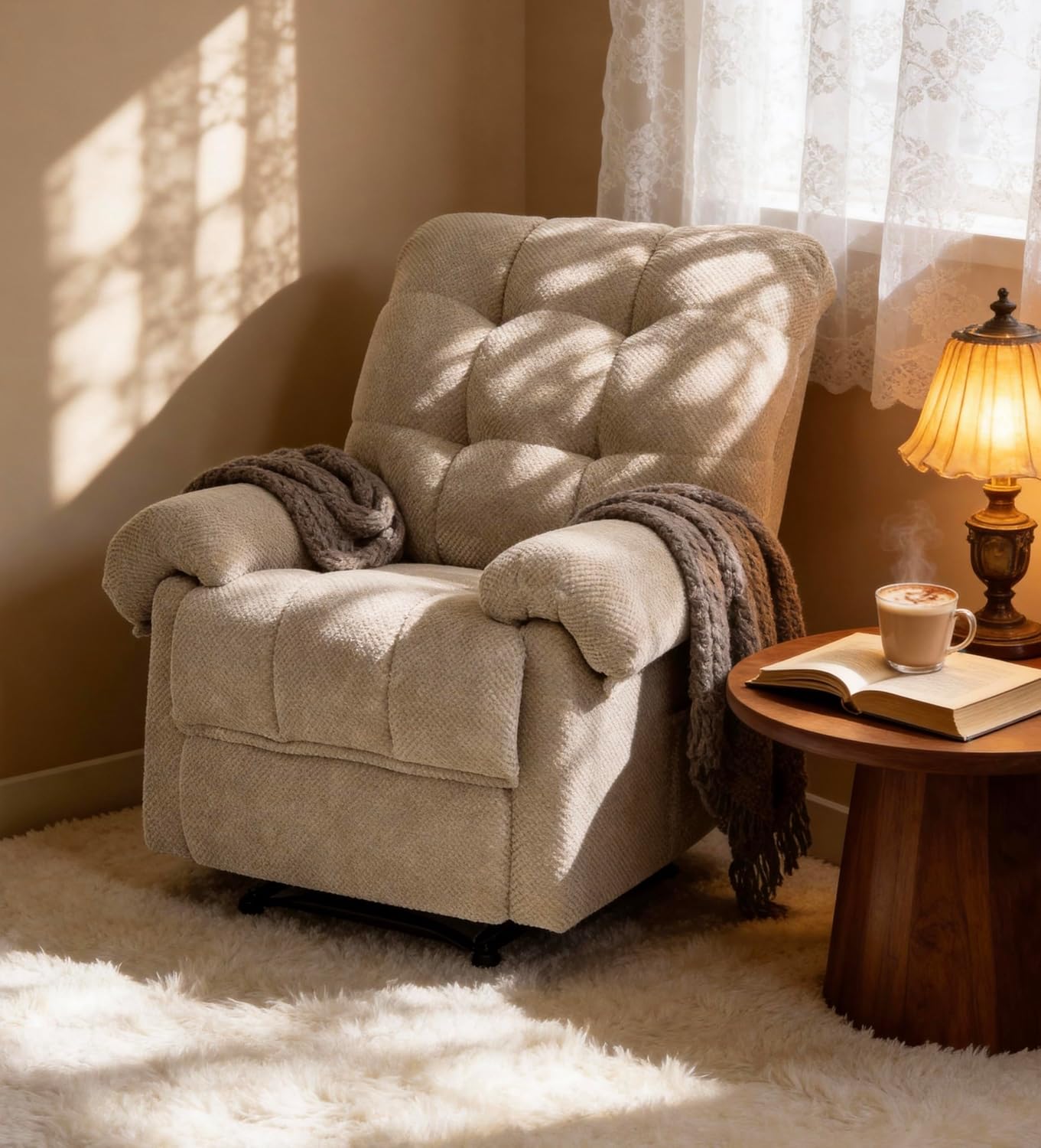 Ergonomic Comfy Reclining Chair, 165° Zero Gravity with Generous Footrest, Fabric Recliner Supportive Armrests & Side Pocket for Nursery, Living Room & Small Spaces (Camel)