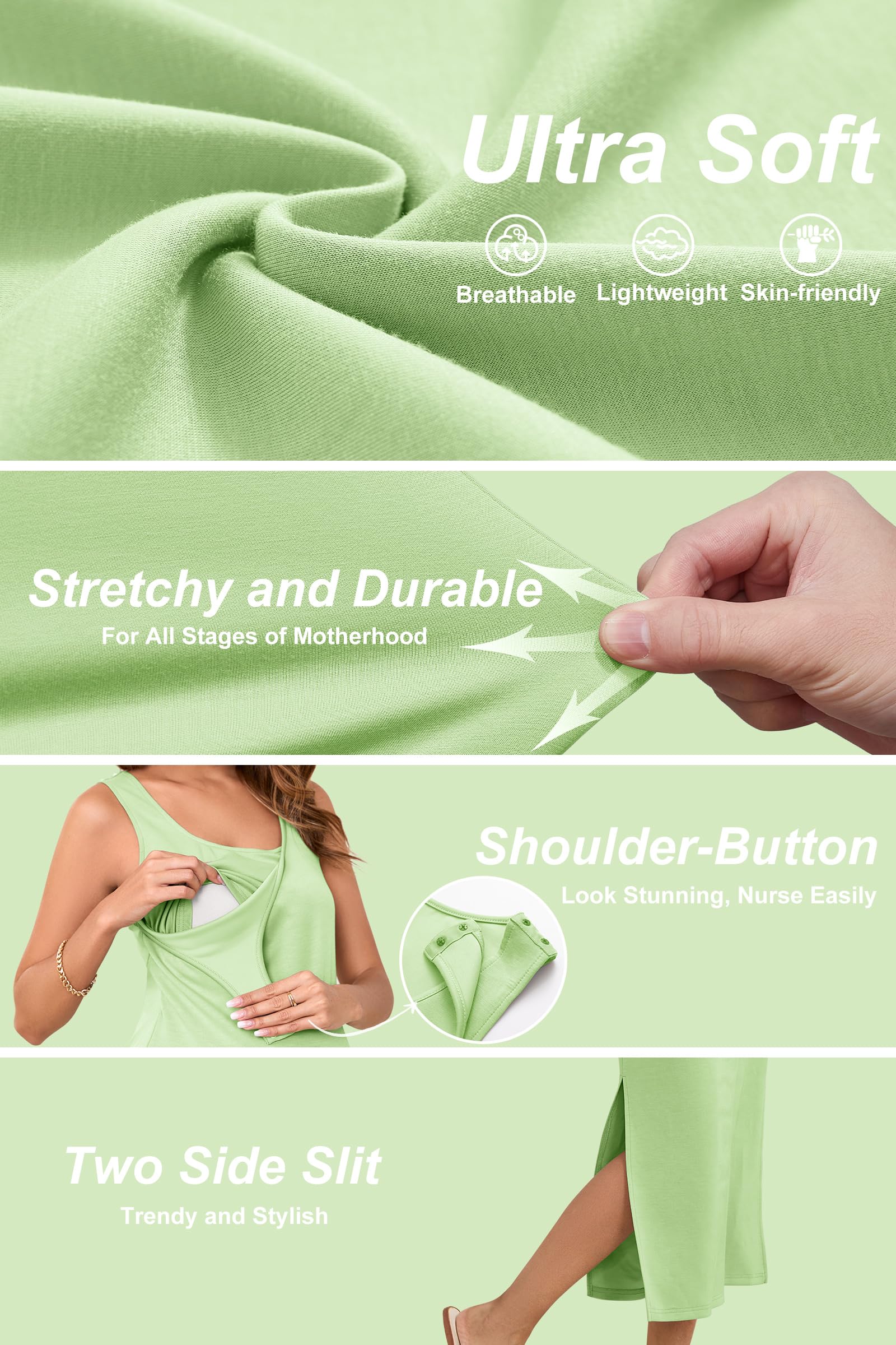 OUGES Femme 2025 Robe d'allaitement D'été Split Midi sans Manches Robe de Maternité Décontractée Scoop Neck
