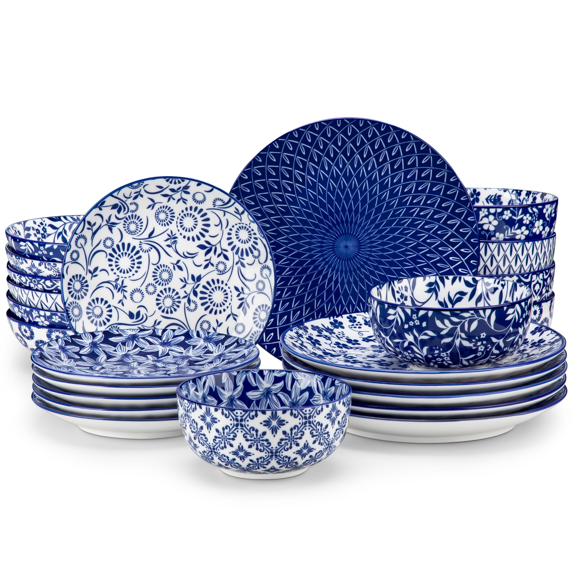 vancassoSELENE Plates and Bowls Set for 6, 24 Pieces Dinnerware Sets, Mircowave and Dishwasher Safe Dishes Set, Porcelain Blue Dinnerware