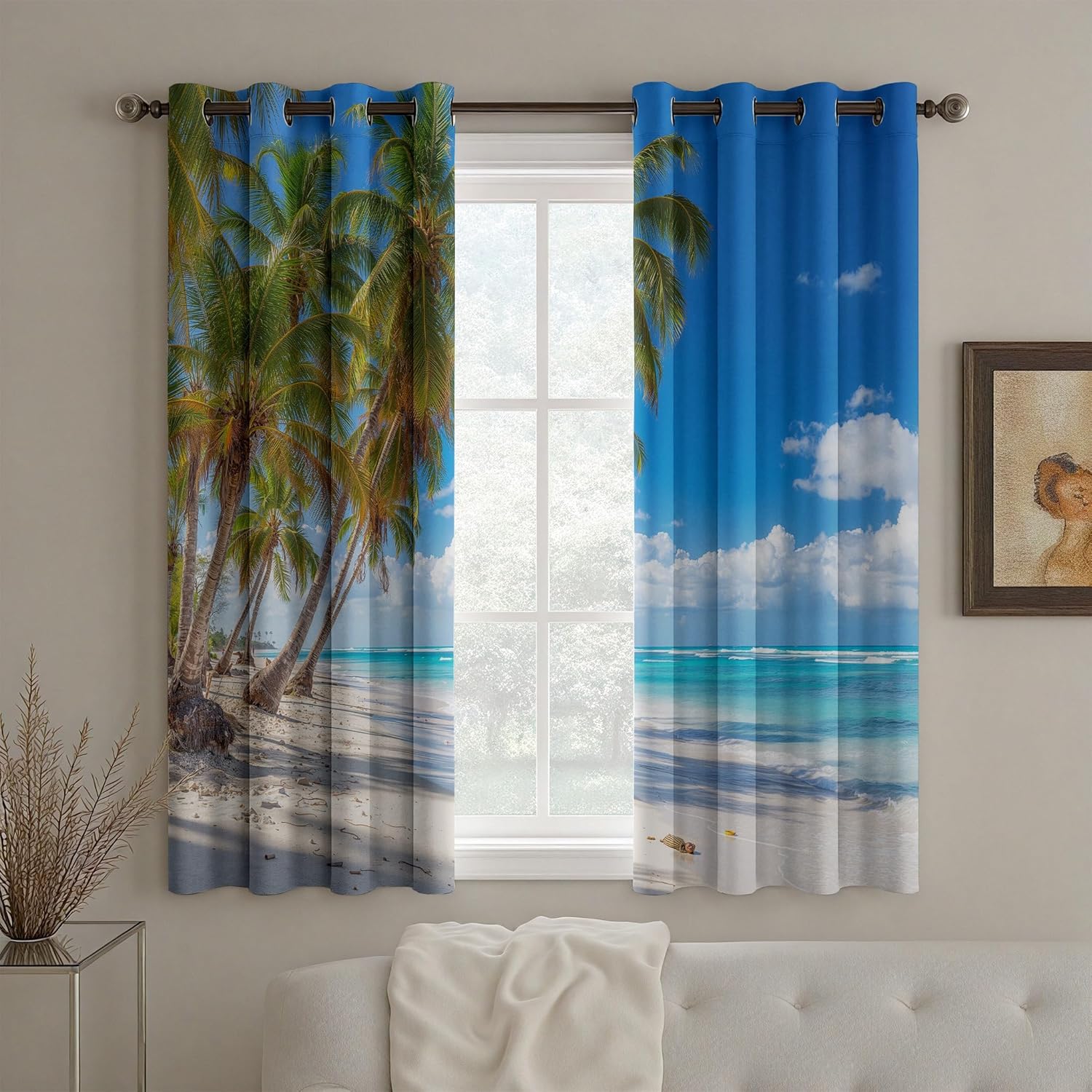 Seaside Scenery Blackout Curtain for Bedroom, Palm Ocean Beach Curtains 72x84 Inch 2 Panels Set Thermal Insulated, Hawaii Nature Landscape Grommet Drapes for Living Room Office Dorm