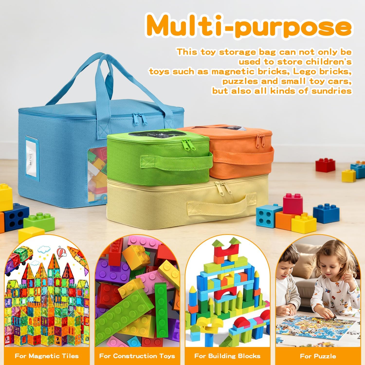 4 Packs Visible Magnetic Tiles Storage Bin, Magnetic Tiles Storage Bag Case with Label Pockets, Toy Box for Magnetic Tiles, Building Bricks, Puzzle, Board Games, Child Toy Car