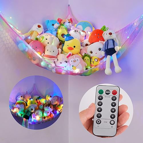 Vista 21 de Basumee Red de animales de peluche o hamaca con luz LED, hamaca de red de juguetes para almacenamiento de animales de peluche, hamacas para cuarto