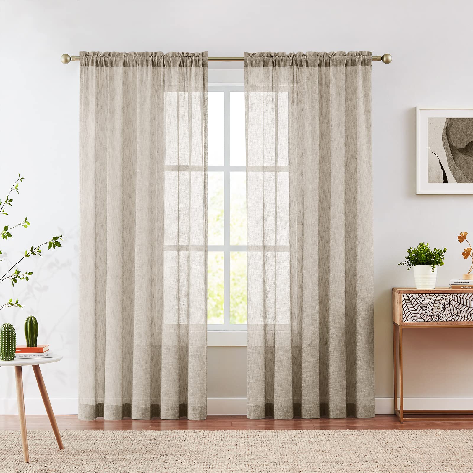 Melodieux Tende velate in lino rustico, lunghe 240 cm, per soggiorno e camera da letto, tessuto in lino naturale, con tasca per asta, 132 x 248 cm, marrone chiaro (2 pannelli)