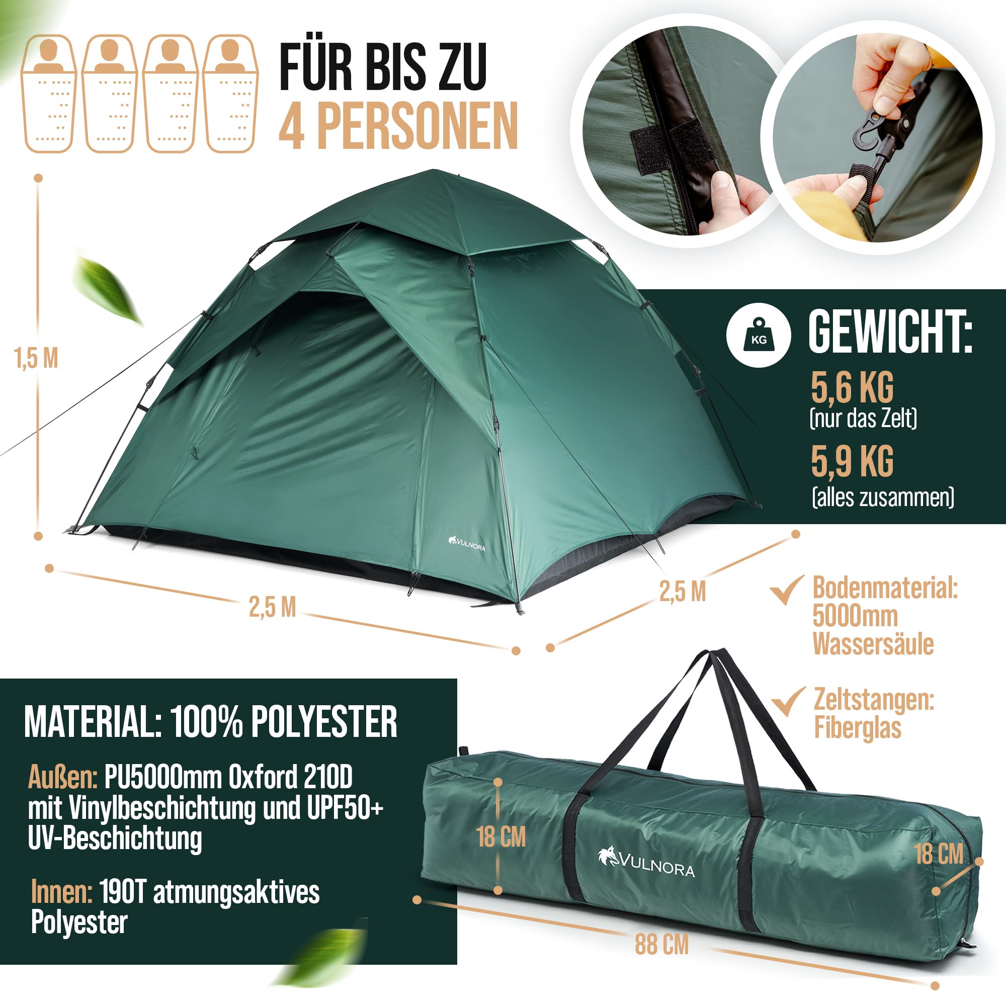 Pop Up Zelt 4 Personen Wasserdicht 5000mm Wassersäule Wurfzelt Auf- und Abbau in Sekunden - Strandzelt mit UV-Schutz - Blickdicht - Campingzelt