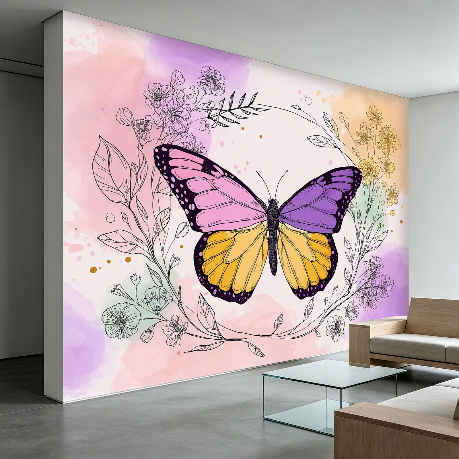 Papel pintado no tejido efecto 3D mariposa zarcillos pequeñas flores 450 x 280 cm XXL papel pintado fotográfico dormitorio estilo natural papel pintado salón pared decoración pasillo Aesthetic murales