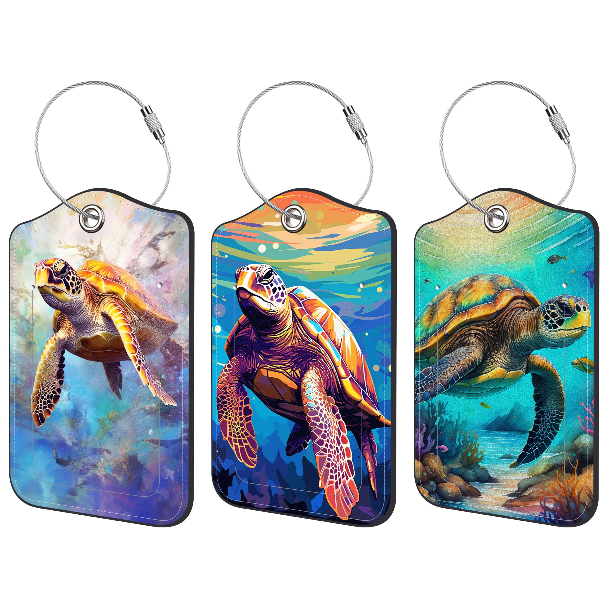 3 Pack PU Leather Luggage Tag for Suitcase Hawaiian Sea Turtle Suitcase Tags with Privacy Name ID Label and Stainless Steel Loop for Travel Bag
