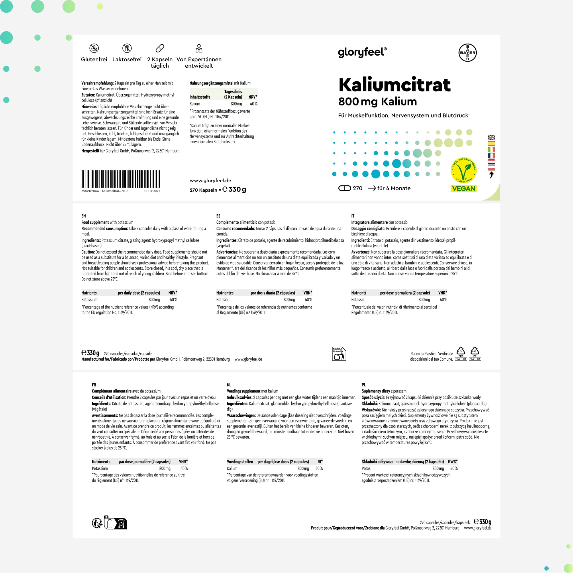 Potassio Integratore, 270 Capsule, Eletto PRODOTTO DELL'ANNO 2025, Vegano, 800mg Citrato di Potassio Puro, Scorta 4 Mesi, Supporto Muscoli Nervi e Pressione Sanguigna, Senza Additivi, 100% Vegan