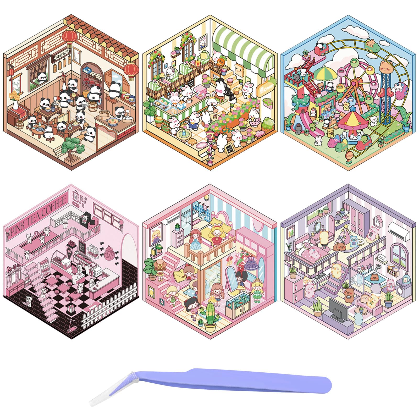 AYNKH 6 Sets of DIY 3D House Stickers,HouseDIY Amusement Park,Coffee Shop,Tea House,Estaurant,Inn,Animal Cartoon Scene Stickers,Sticker Therapy,Adults Children to Relieve Stress to Pass The