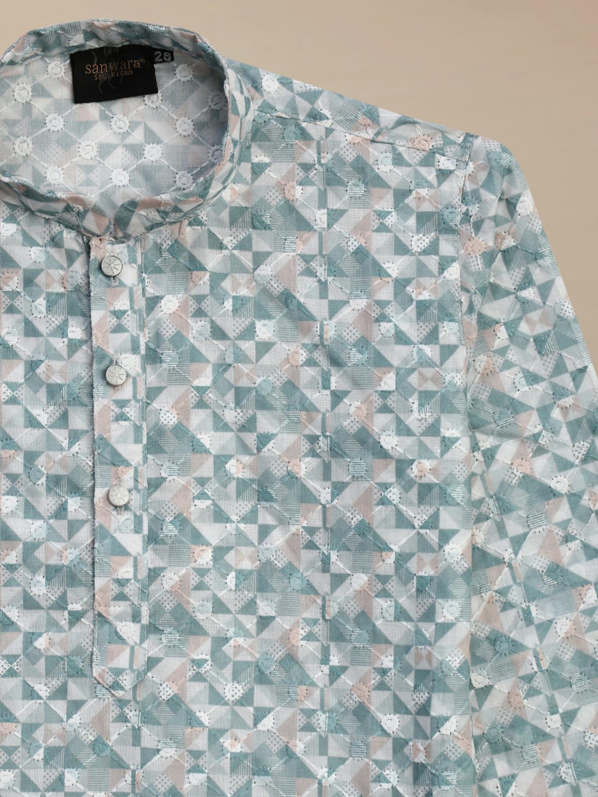 Sanwara Boys Stylish Printed Teal Blue Kurta with Chikankari Embroidery Where Playful Prints Meet Heritage Craft 3