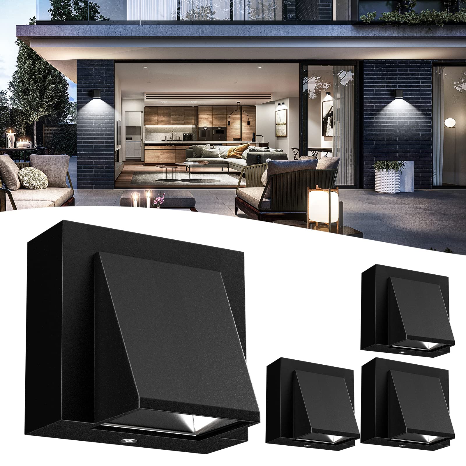Applique da Parete Interno/Esterno - 4 Pezzi, Lampada da Parete LED Bianco Freddo 6000K 6W 500LM Design Moderno Applique da Parete Interno in Alluminio IP54 Impermeabile Aapplique da Esterno - Nero