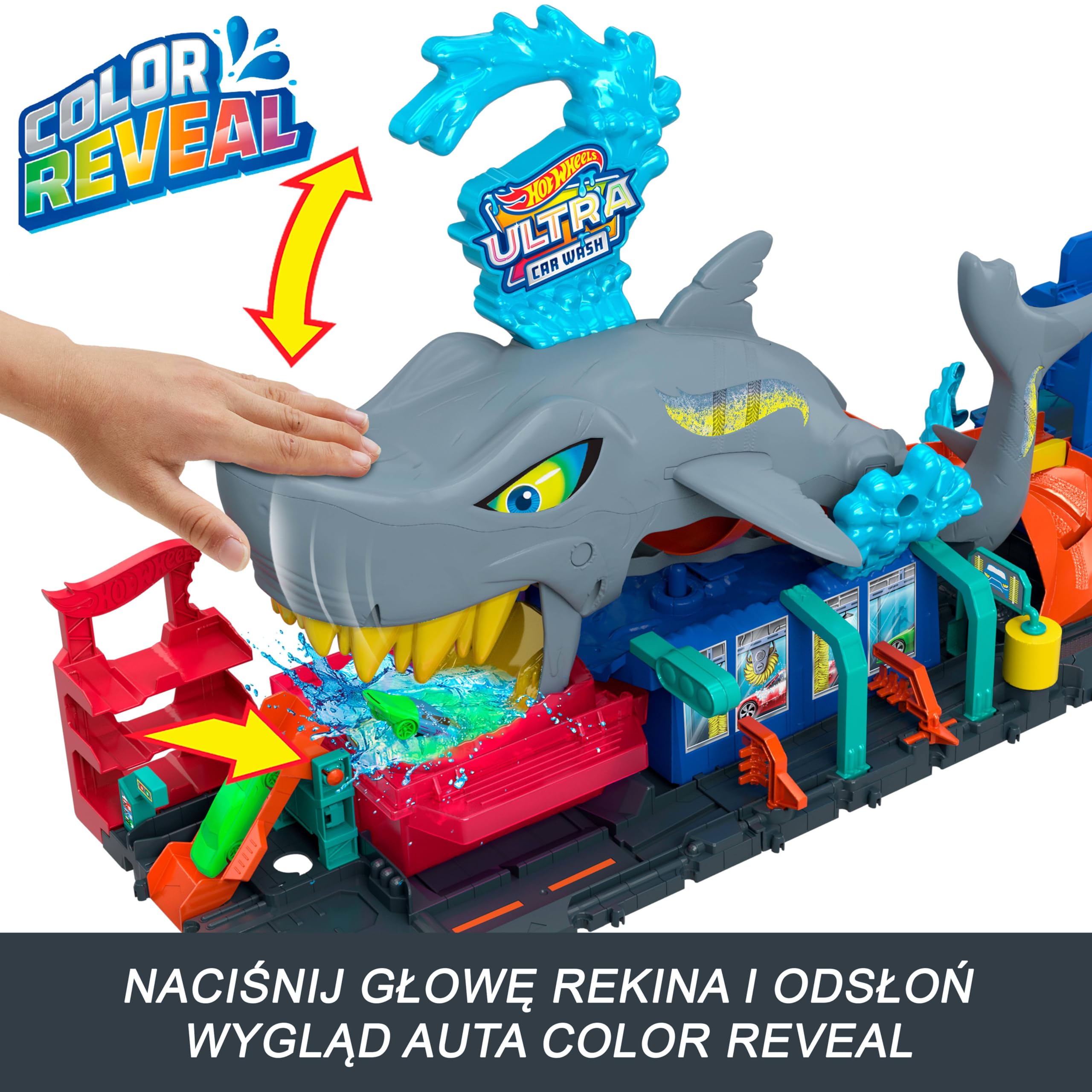 Hot Wheels City Ultra „Let's Race – Na start!” Netflix - Myjnia Rekina Zestaw do zabawy z pojazdem Color Reveal w skali 1:64 i z funkcją zmiany koloru + miejsce do przechowywania, HTN82