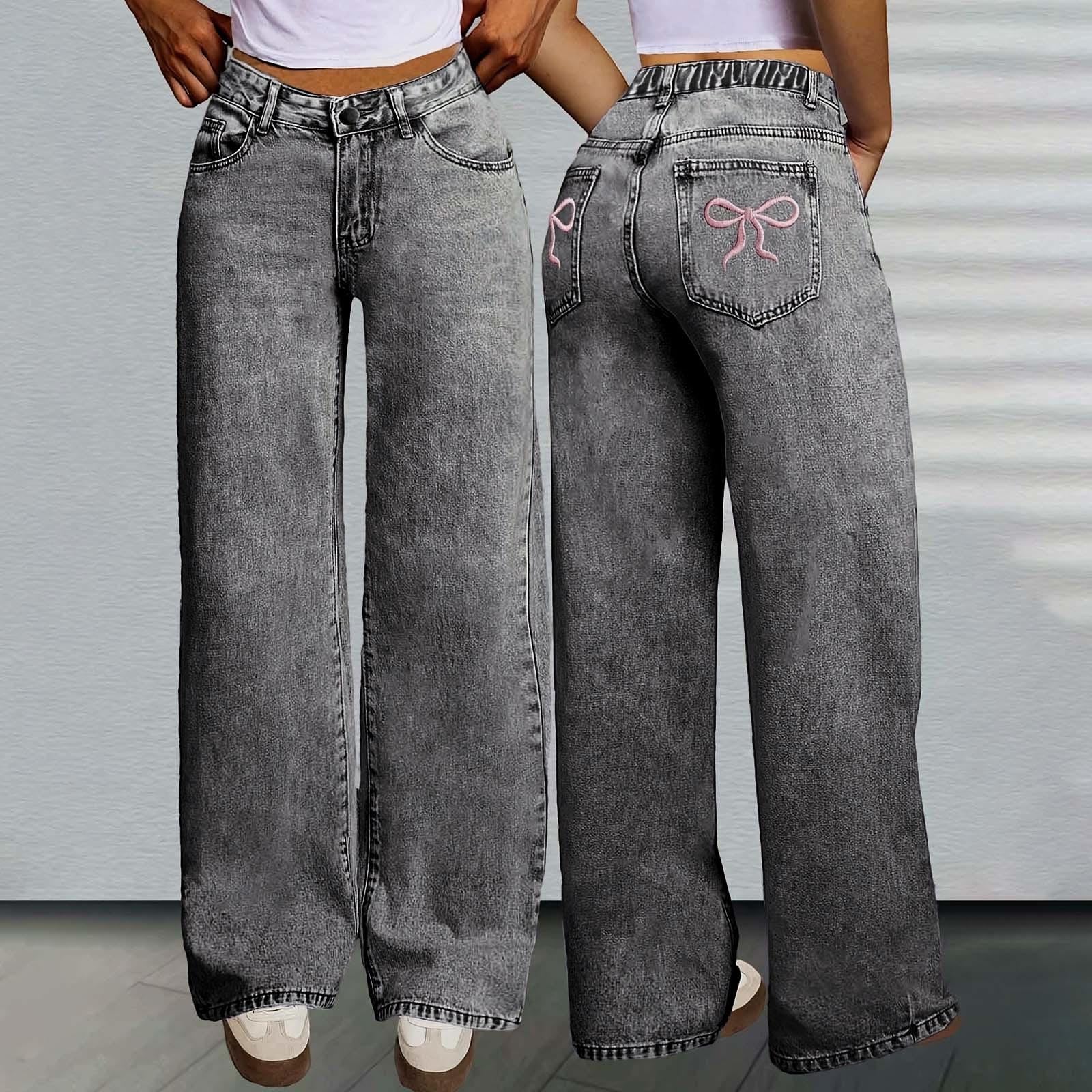 Pantalones De NiñAs-Pantalones Vaqueros Rectos De Cintura Alta con Lazo Bordado para NiñAs, Pantalones Casuales Bonitos para Uso Diario, Pantalones Vaqueros Holgados Y CóModos para Adolescentes.