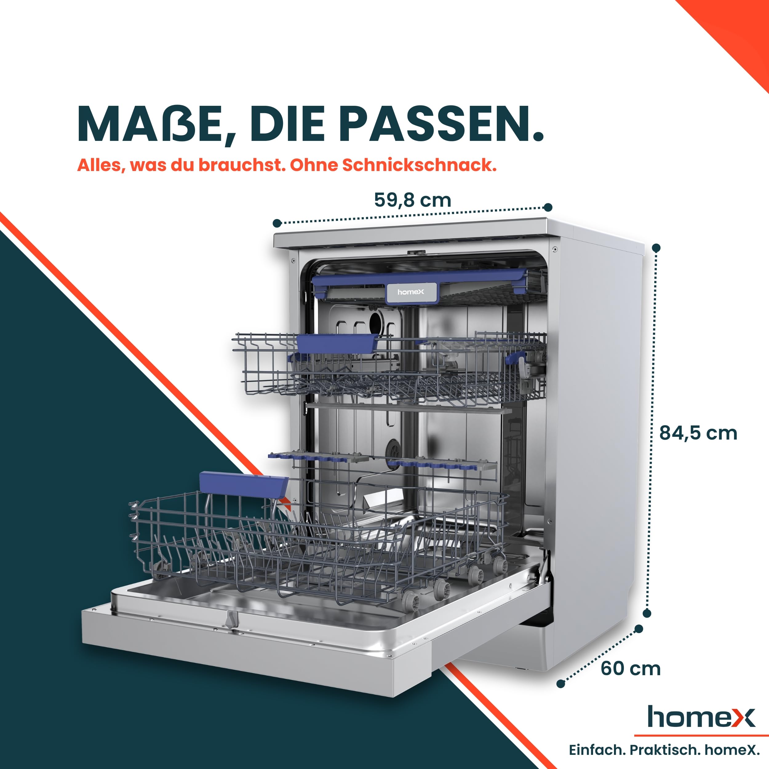 homeX DWFS601442A-S Geschirrspüler 60 cm, Spülmaschine freistehend - 14 Maßgedecke, 9 Programme, Energieklasse A, AquaStop, Besteckschublade, 42 dB, Überlaufschutz, Auto Door, Unterbaufähig, Silber