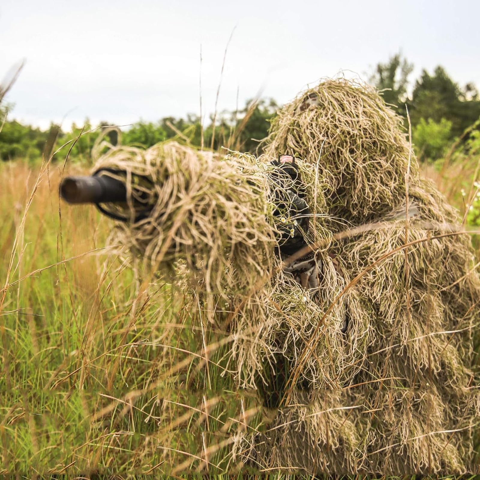5-Teilige 3D Ghillie Suit Camouflage Jagdbekleidung Tarnanzug Herren Einschließlich Jacke,Hose,Kapuze,Tragetasche Tarnumhang für Paintball, Halloween-Kostüm,DryGrass-Adults