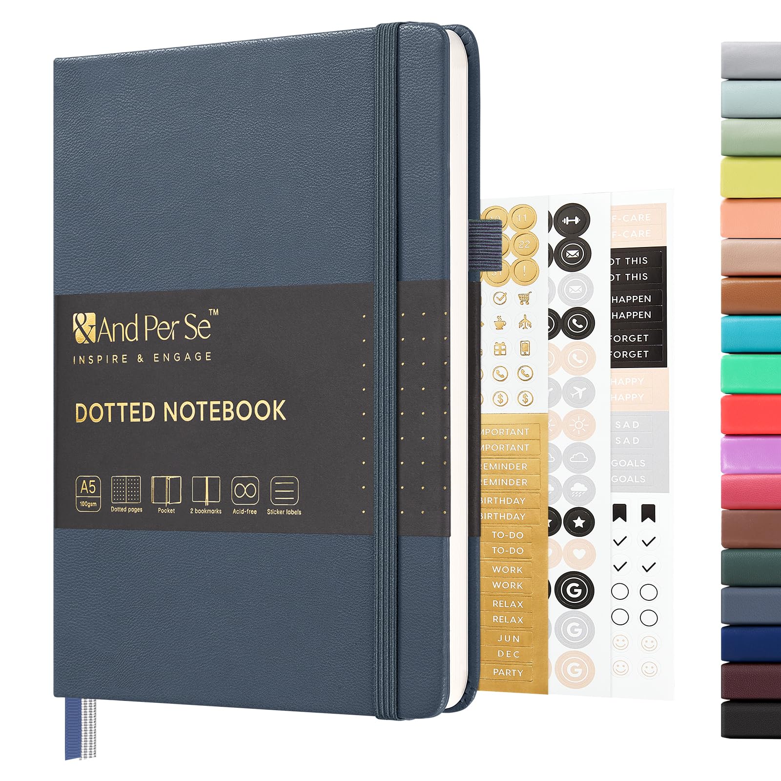 &And Per Se Dotted Journal Notebook, A5 Hardcover Leather Dotted Journal, 160 Pages 100gsm Thick Dot Grid Paper, 3 Sheets of Stickers Included - 5.7'' x 8'' (Dark Blue) — image 1
