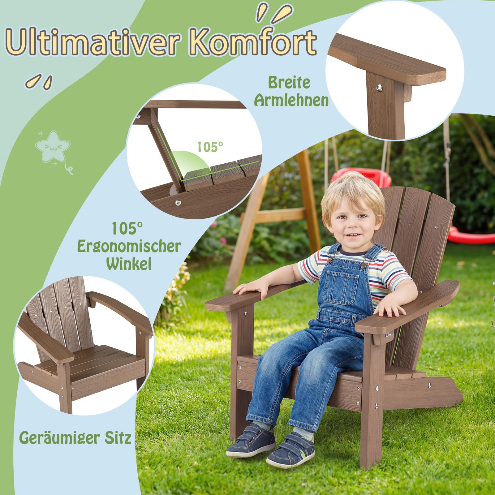 COSTWAY Adirondack Stuhl Kinder, Adirondack Chair wetterfest aus HIPS, Gartenstuhl mit ergonomischer Rückenlehne & Armlehnen, Outdoor-Stuhl für Jungen & Mädchen ab 3 Jahren (Braun)
