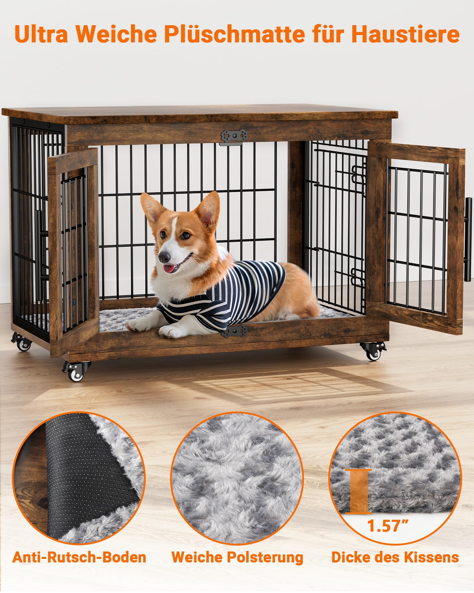 GIKPAL Hundebox für Zuhause mit Kissen, 83cm Hundekäfig Möbel für Drinnen mit Doppeltüren und Rädern, Moderne-Hundebox Holz für Klein, Mittlere Hunde bis zu 45 lb, 83x56x64cm, Rustikales Braun