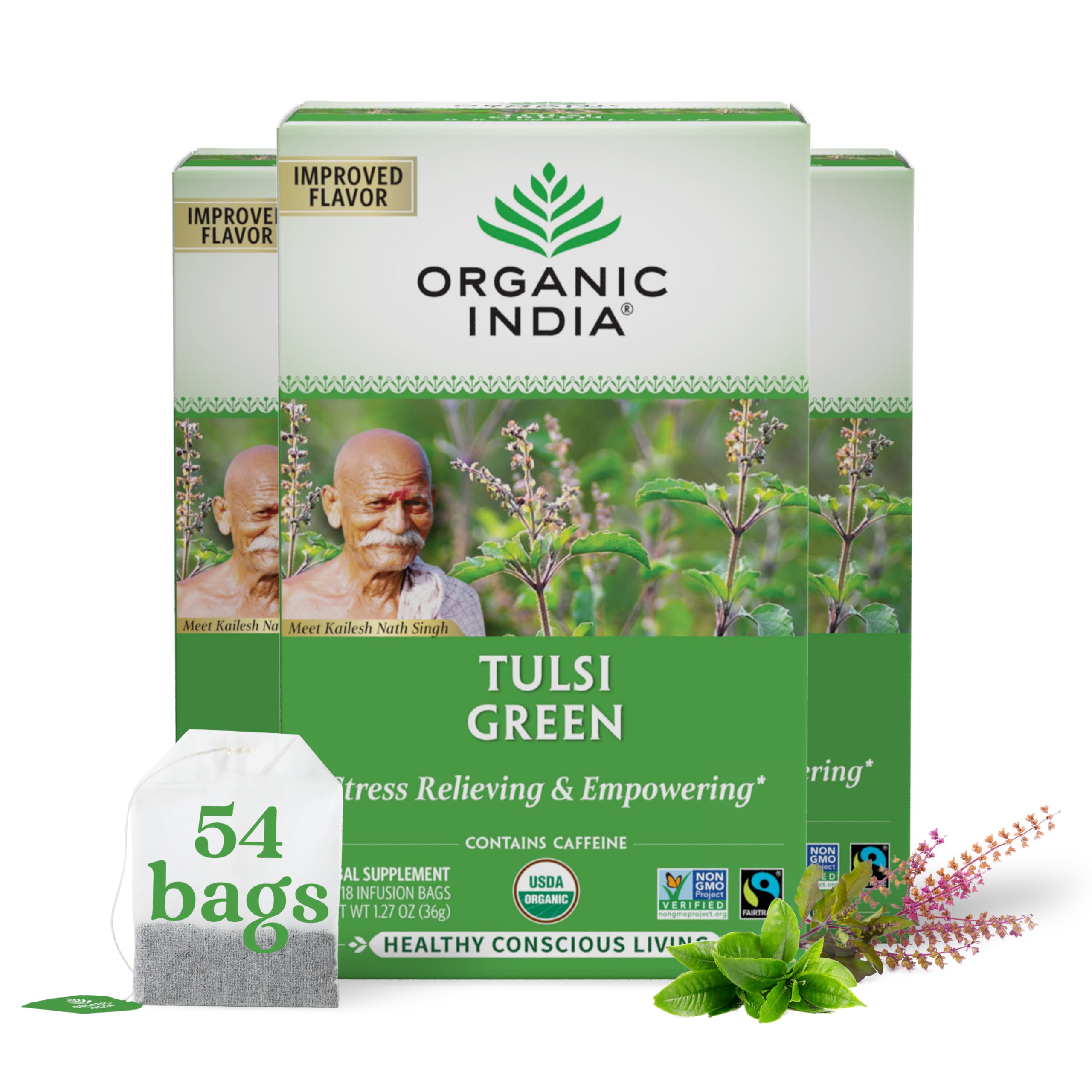 Tulsi Green Tea Bags - Holy Basil Tea, African Basil, Stress Relieving, Immune Support, USDA Certified Organic, Premium Darjeeling Green Tea, Caffeinated - 18 Infusion Bags, 3 Pack