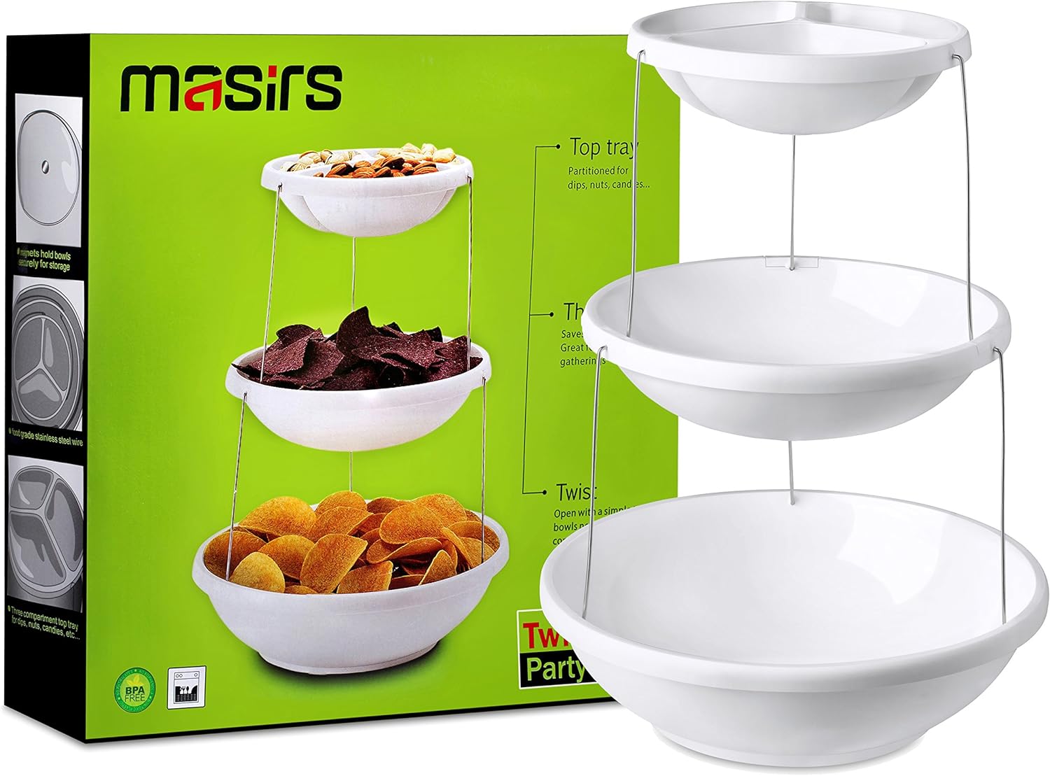 Masirs 3-Tier Collapsible Bowl: Decorative Design Folds for Minimal Storage. Ideal for Serving Snacks, Salad, and Fruit. Top Bowl Divided into Three Sections. (Pack of 2)