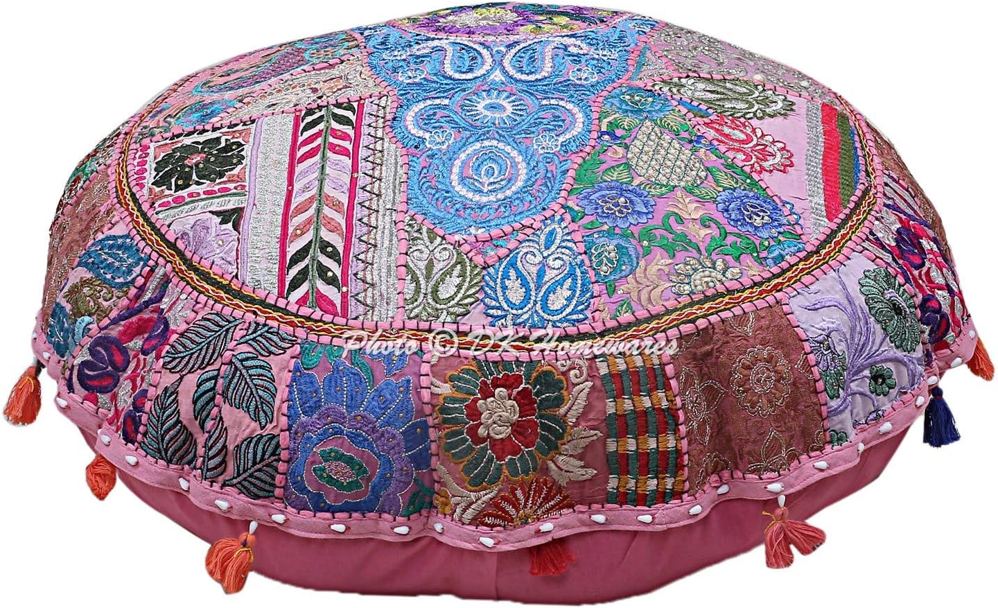 Indian Bohemian Floor Pillow Seating Large Baby Pink 32 Inch Patchwork Yoga Pouffe Footstool Home Decor Embroidered Vintage Cotton Round Floor Cushion Cover 32x32