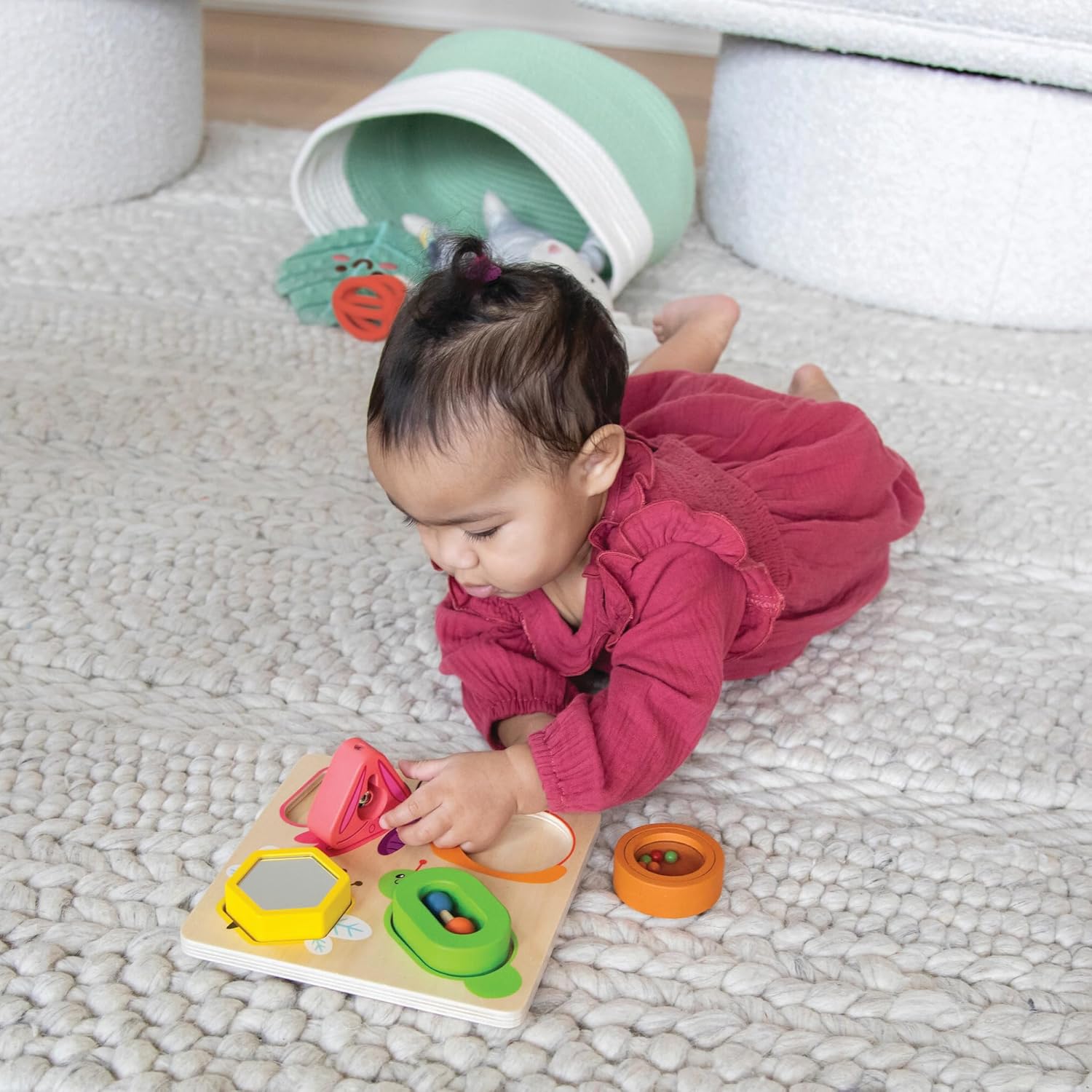 MindWare Sensory Sprouts Surprise Puzzle - Wooden Baby Puzzle with Mirror, Bells & Beads - Educational Toy for Infants & Toddlers 6+ Months Montessori Baby Toy