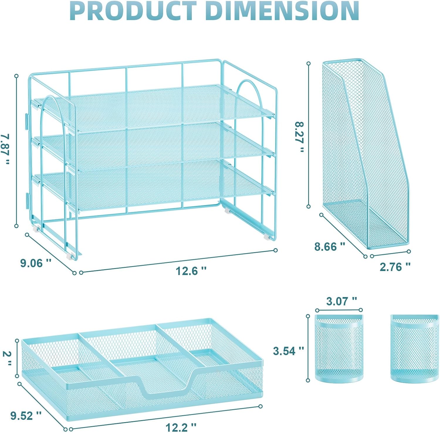 Marbrasse Desk Organizer and Accessories，4-Tier Paper Letter Tray Organizer with File Holder, Desk Accessories & Workspace Organizers with Drawer and 2 Pen Holder (Blue, 15.4" x 9.1" x 8.3")