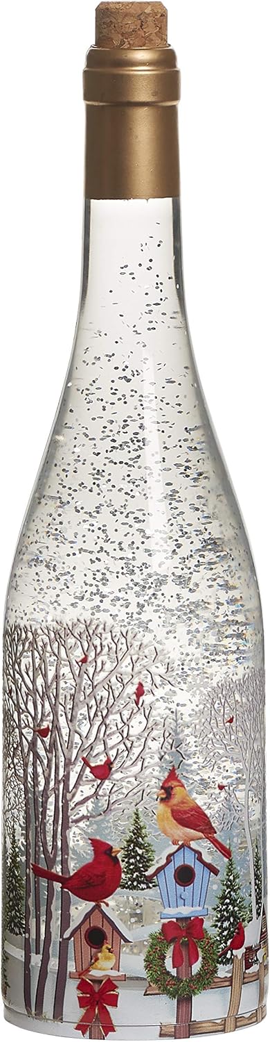 Roman, 11.75" H Lighted Swirl Christmas Cardinal Wine Bottle, Christmas Confetti Lite, Unique Decoration