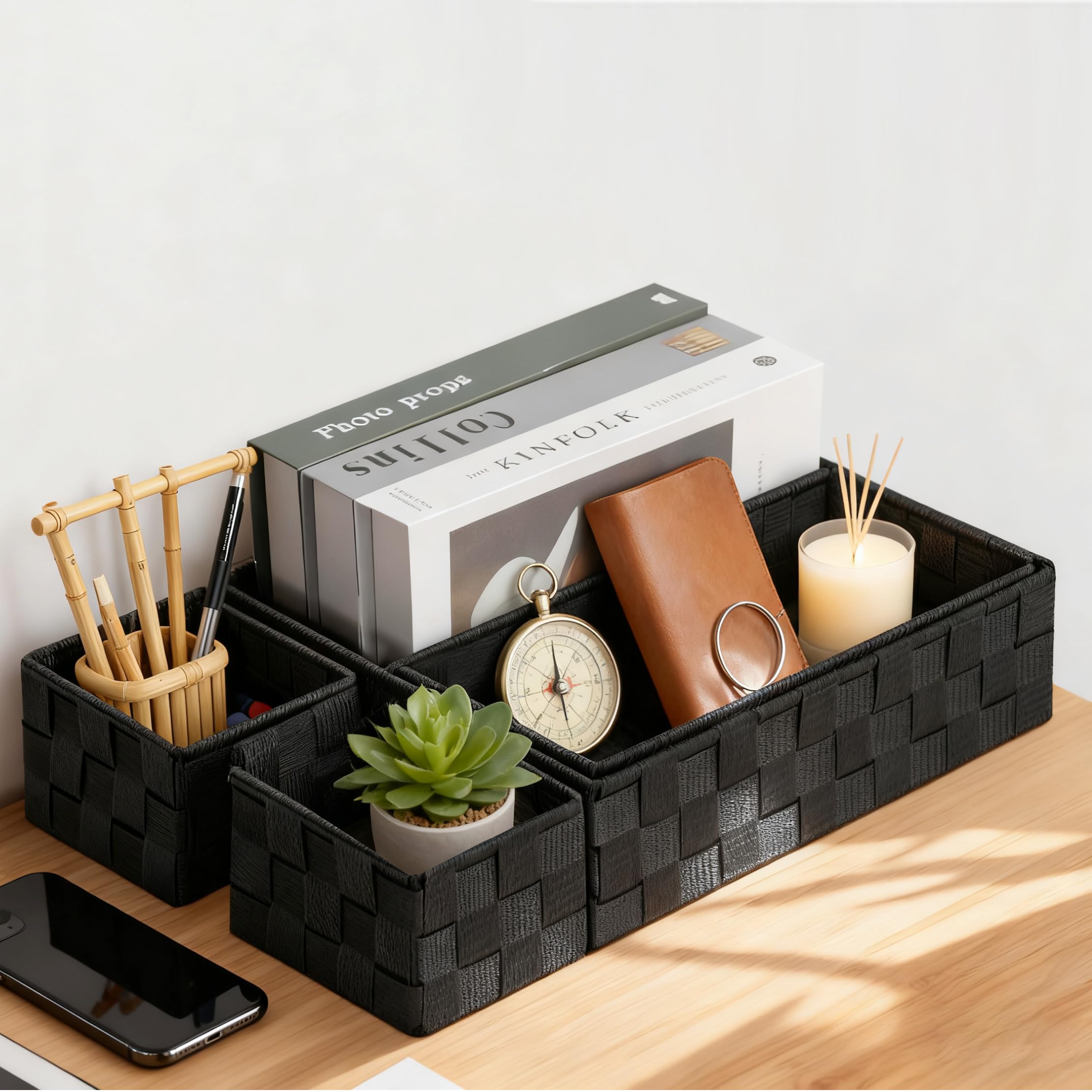 Set di 4 Organizzatori Impilabili in Rattan Sintetico Nero – Cestini Portaoggetti Senza Coperchio per Cucina, Bagno, Soggiorno e Camera | Pratici, Eleganti e Multifunzionali