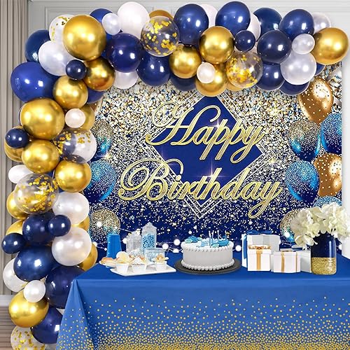 Winrayk 87 piezas de decoración de fiesta de feliz cumpleaños azul marino y dorado kit de arco de guirnalda de globos y telón de fondo de cumpleaños