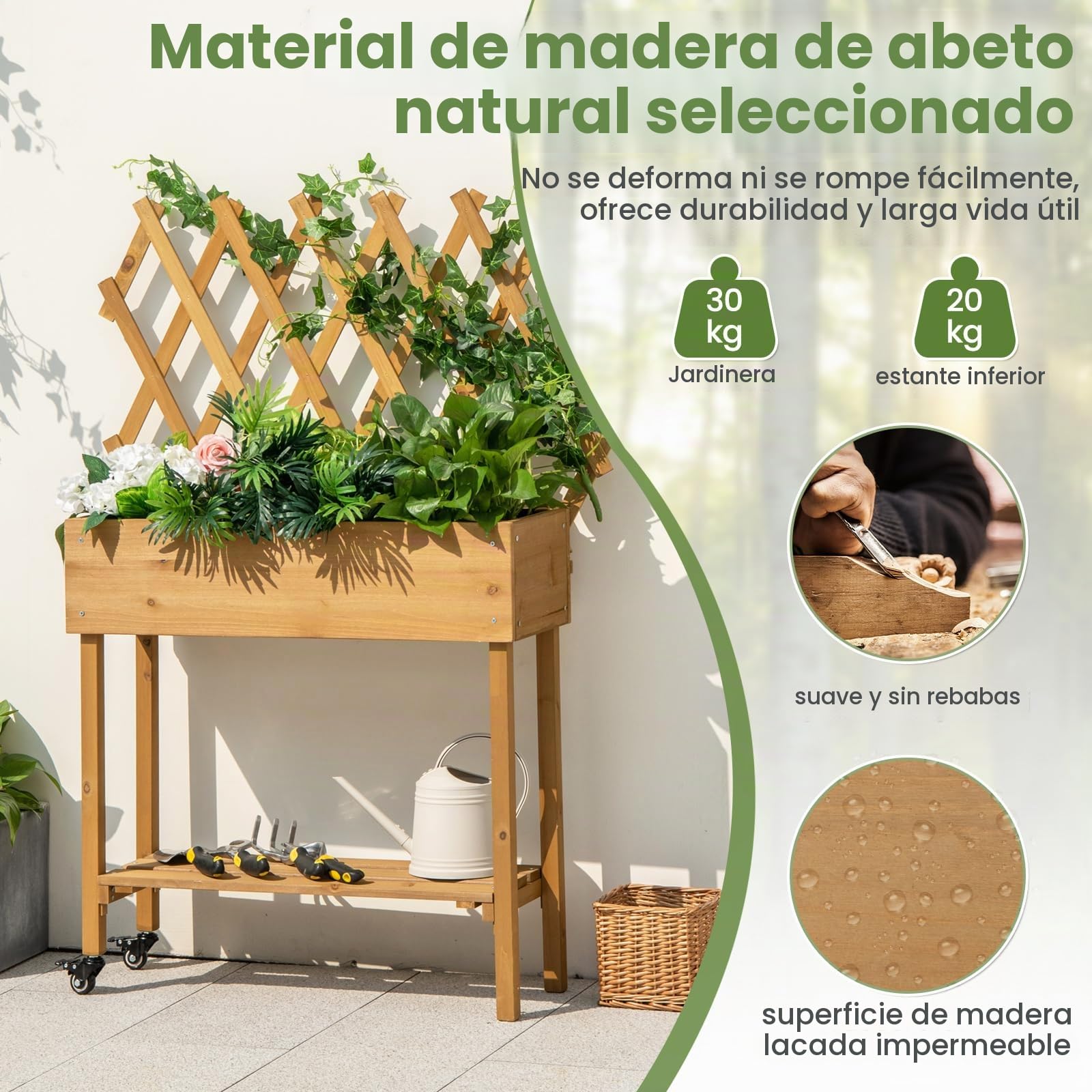 GOPLUS Huerto Urbano con Enrejado y Estante | Jardinera Elevada con Ruedas, Orificios de Drenaje, Macetero Exterior para Patio Jardín Balcón, 90 x 29 x 129 cm