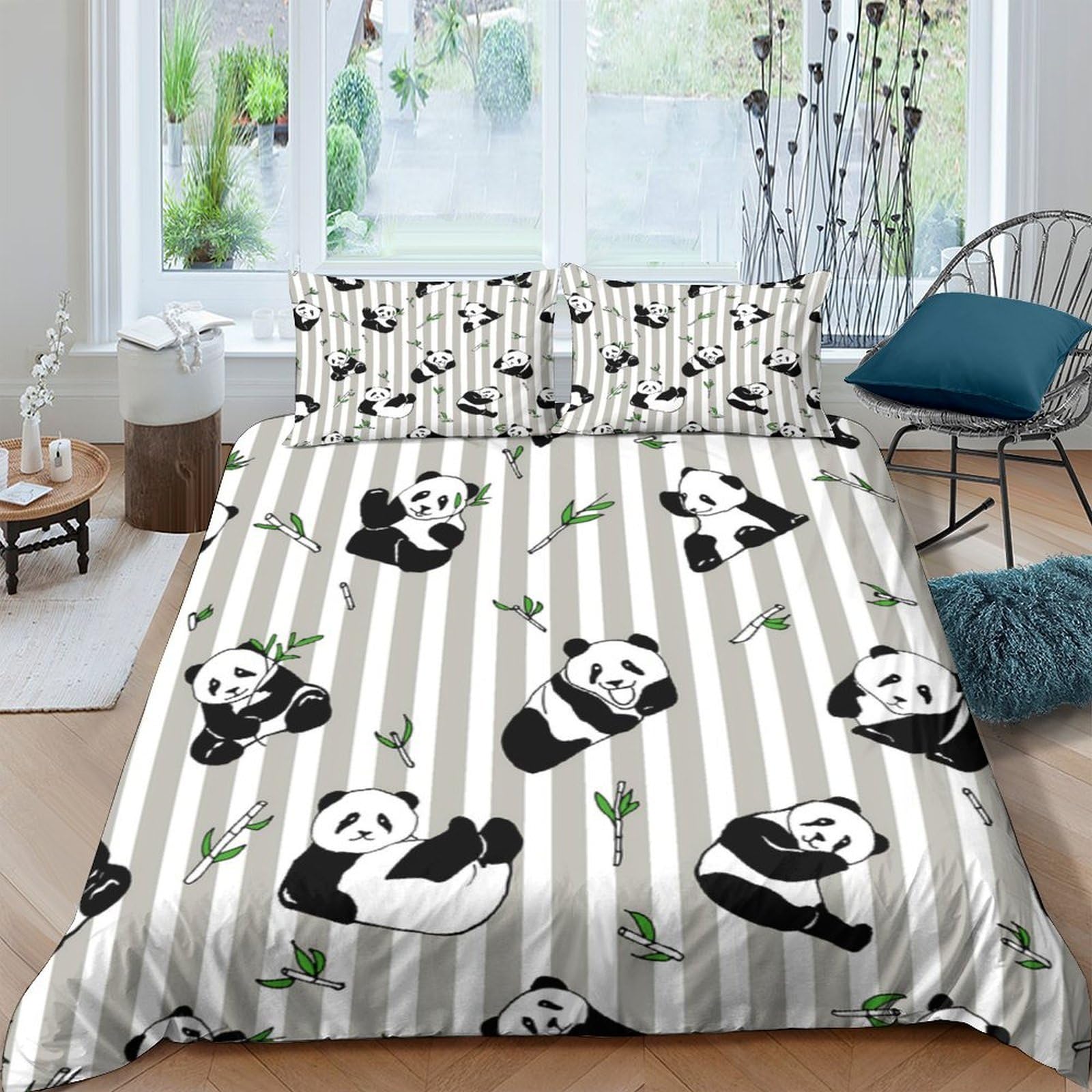 Ctjqhvkz Style-9 3D Printed Cute Panda Fitted Sheet Microfiber Soft Stripe Pattern Mattress Cover For Bedroom Guest Room Dorm Decor Single（135X200cm）