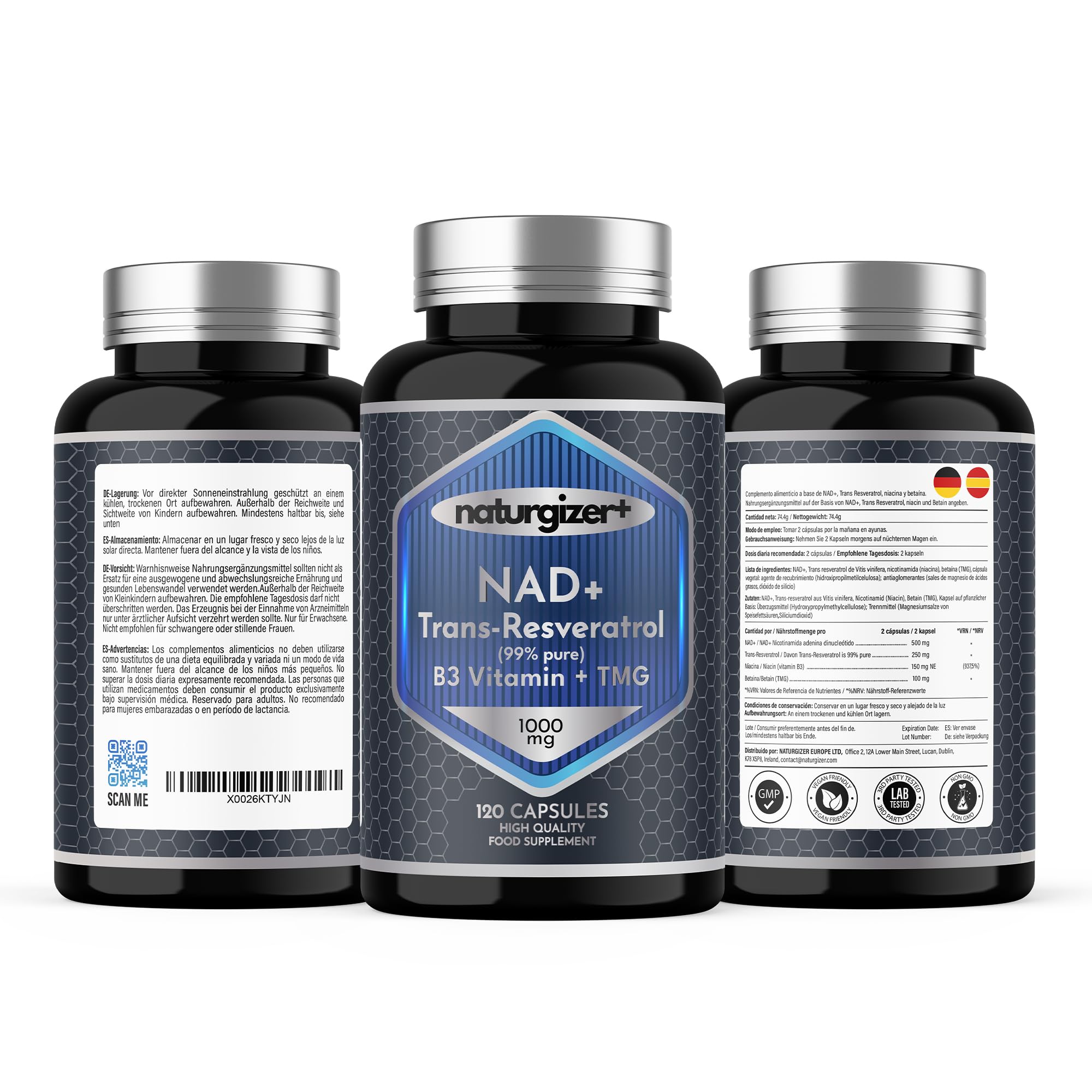 NAD (NAD+ Real) con Trans-Resveratrol 99'4% puro, Niacinamida y Betaína (TMG) | Advanced Complex 4+1 de Alta Pureza con Tecnología Liposomal | 120 Cápsulas | Naturgizer+