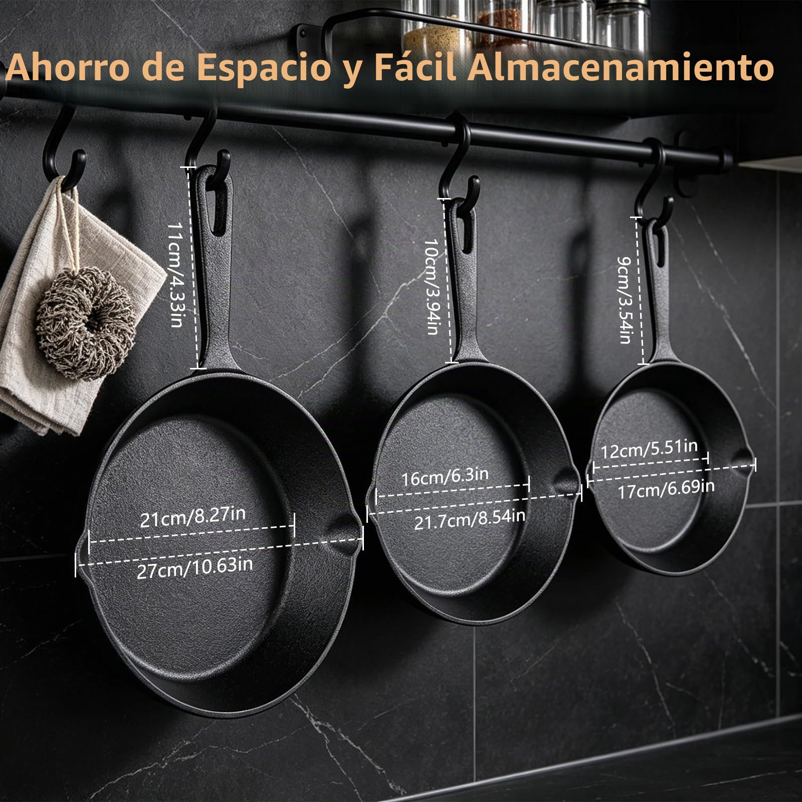 Juego de 3 sartenes de hierro fundido aptas para cocinas de gas, eléctricas y de inducción. Incluye: pequeña (6 pulgadas), mediana (8 pulgadas) y grande (10 pulgadas)