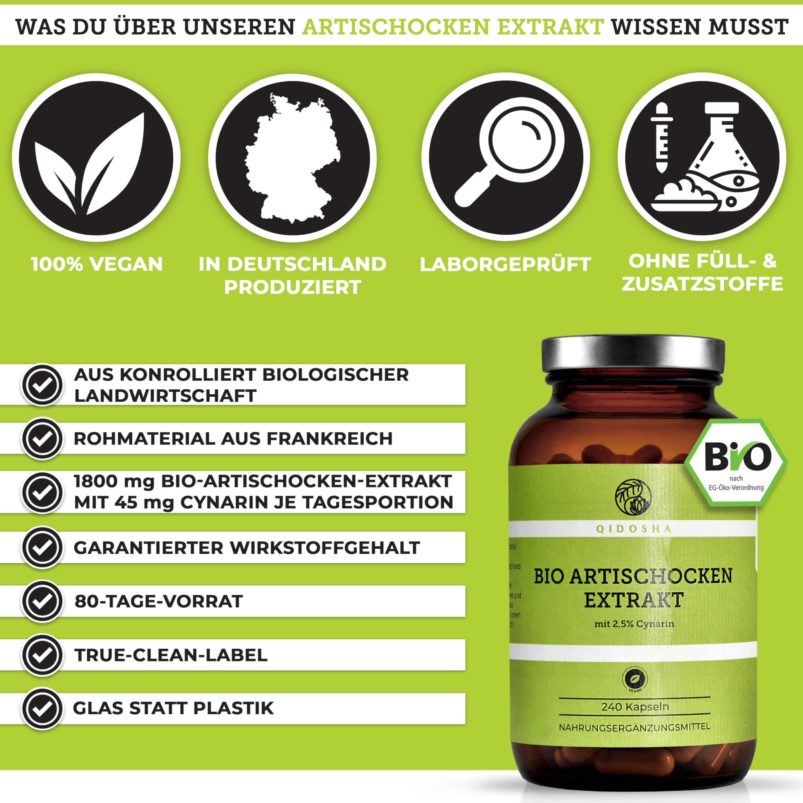 QIDOSHA® Bio Artischocken-Extrakt aus Frankreich, 240 Kapseln im Apothekerglas, 1800mg je Tagesportion, 600mg je Kapsel, mit 2,5% Cynarin, deutsche Fertigung, jede Charge laborgeprüft