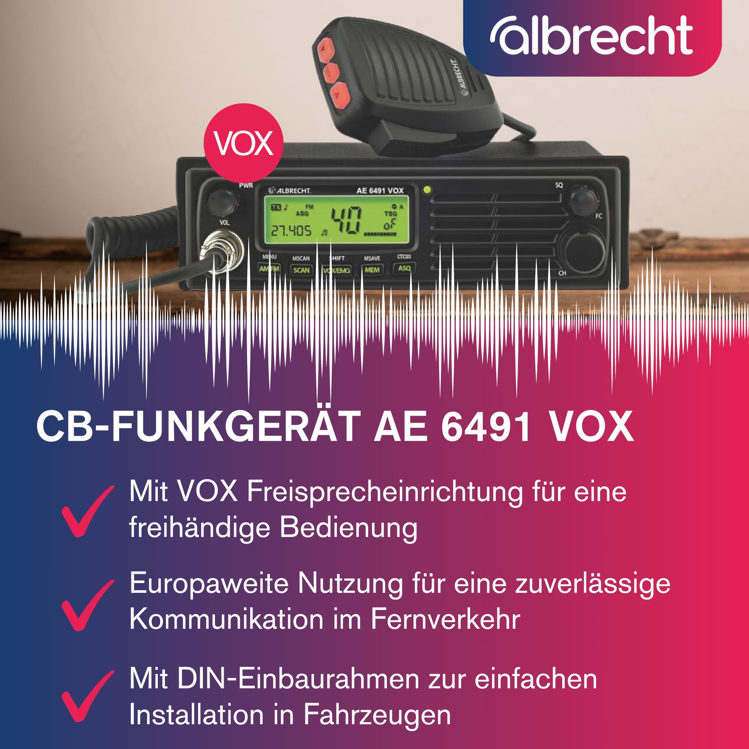 Albrecht AE 6491 VOX CB-Funkgerät, mit VOX Freisprechfunktion für die freihändige Nutzung in Auto & LKW, CB-Funk mit ASQ & CTCSS, 12/24 Volt, schwarz